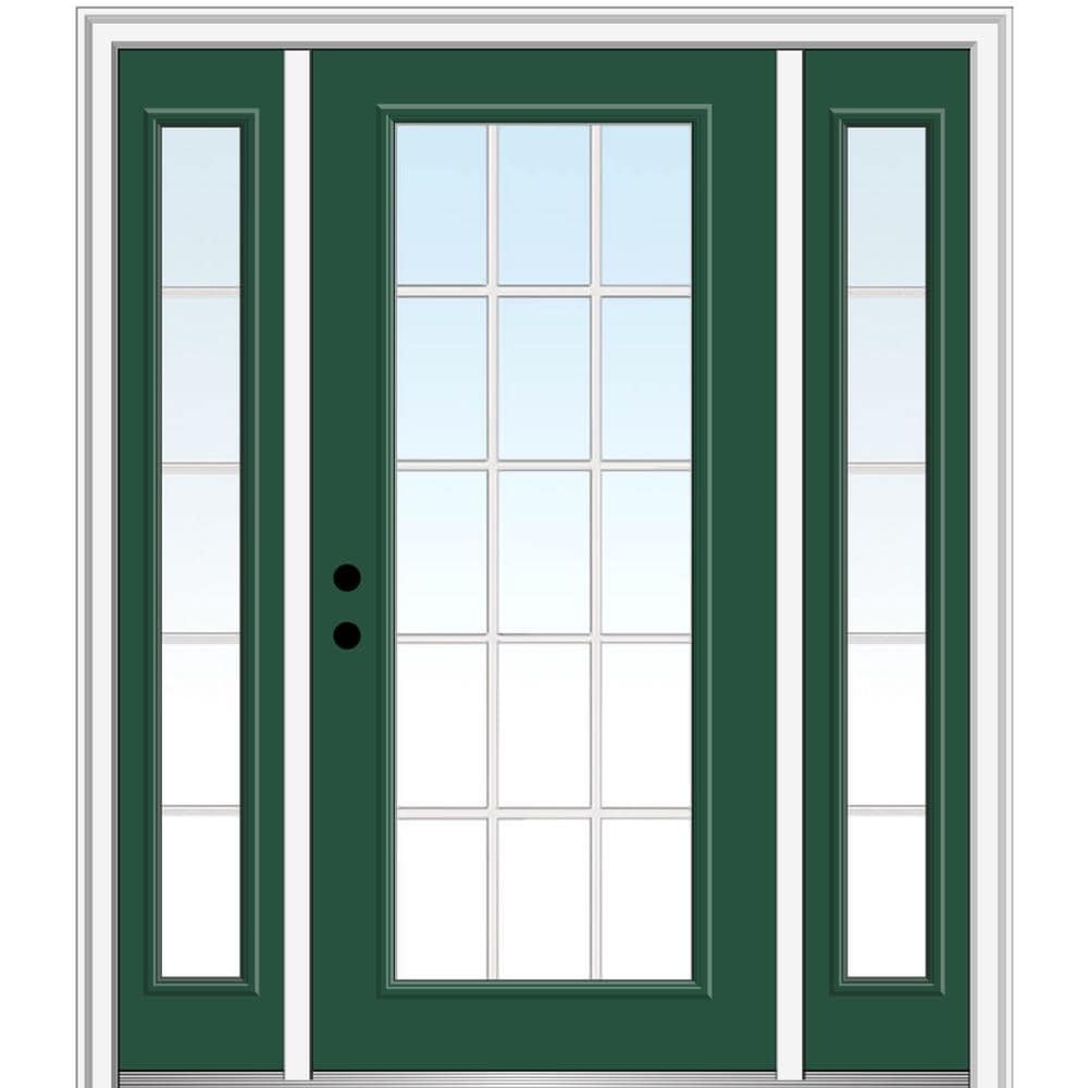 MMI DOOR ZZ05264R 60-in x 80-in x 4-9/16-in Fiberglass Full lite Right-hand inswing Hunter Green Painted Prehung Front Door with Sidelights with Brickmould Insulating core with Grilles