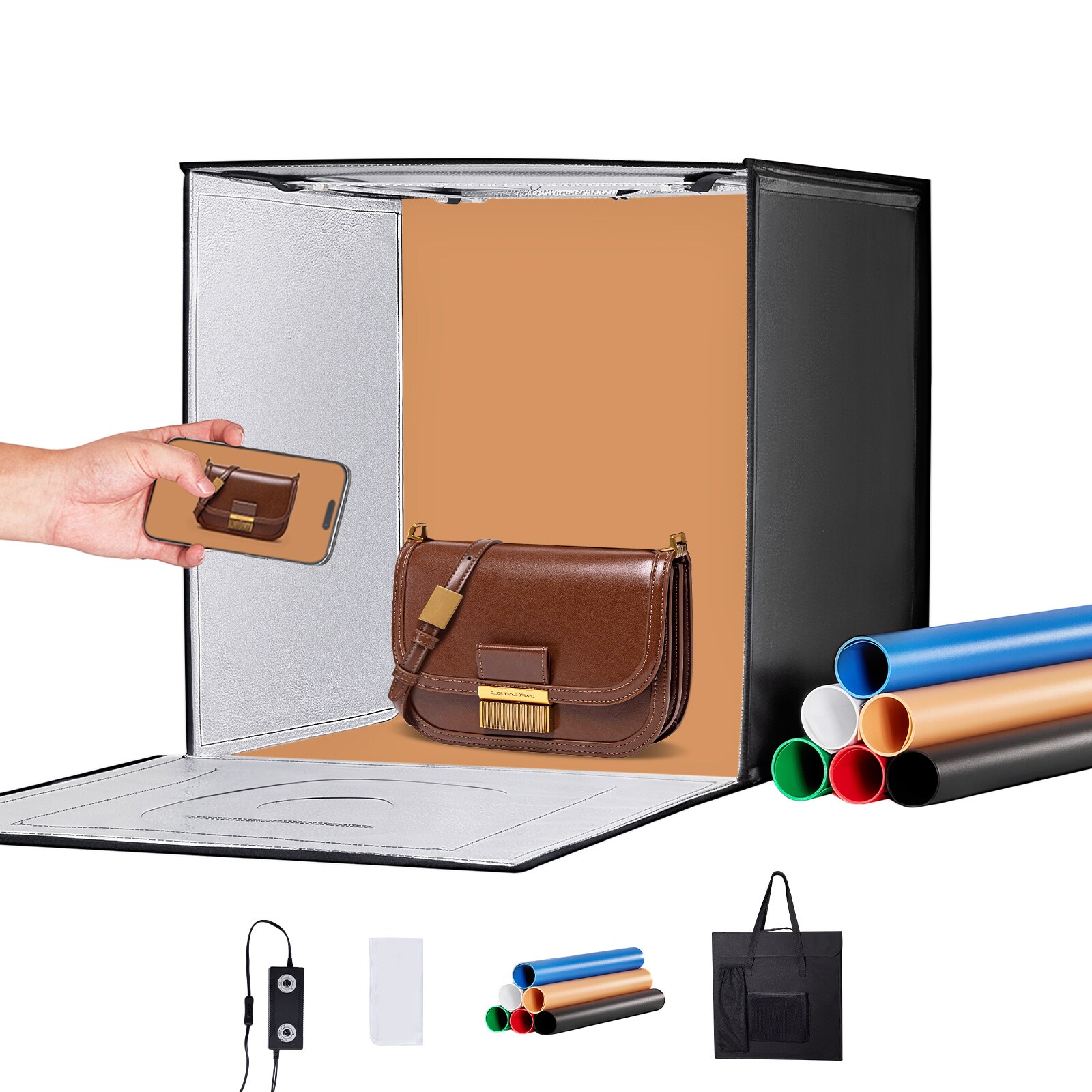 VEVOR SCSYDXNJBH2005708V1 Photo Studio Light Box  20in x 20in  3000-5600K Adjustable 3 Color Temperatures Shooting Tent Kit with 160 LED 6 Backdrops Power Adapter Soft Light Cloth  High CRI greater than or equal to 95 for Product Photography