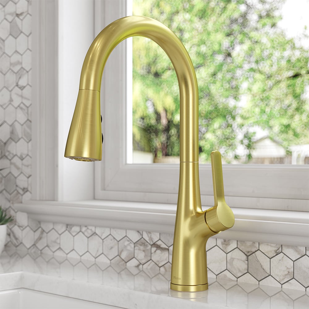 Pfister LG529-NEBG Neera Brushed Gold Double Handle Deck-mount Pull-down Kitchen Faucet with Sprayer