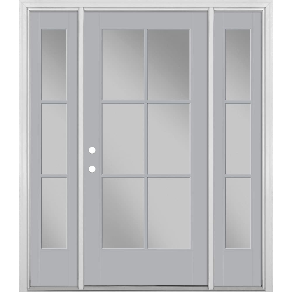 Masonite 1524314 60-in x 80-in x 4-9/16-in Fiberglass Full lite Right-hand inswing Infinity Gray Painted Prehung Single door with sidelights Front Door with Brickmould Insulating core Simulated divided light