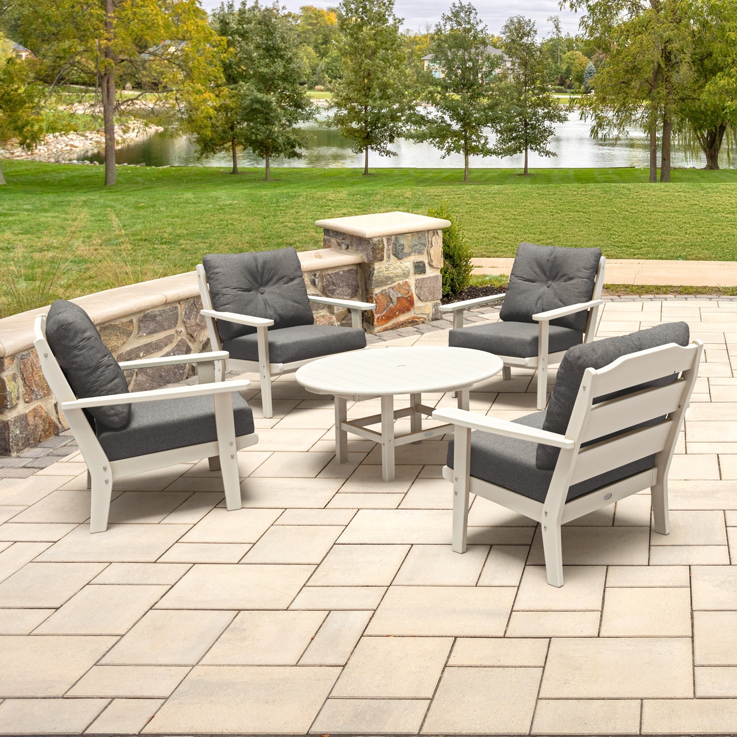 allen + roth by POLYWOOD PWS733-2-SA145986 Oakport 5 -Piece Patio Conversation Set with Gray Revolution Cushions