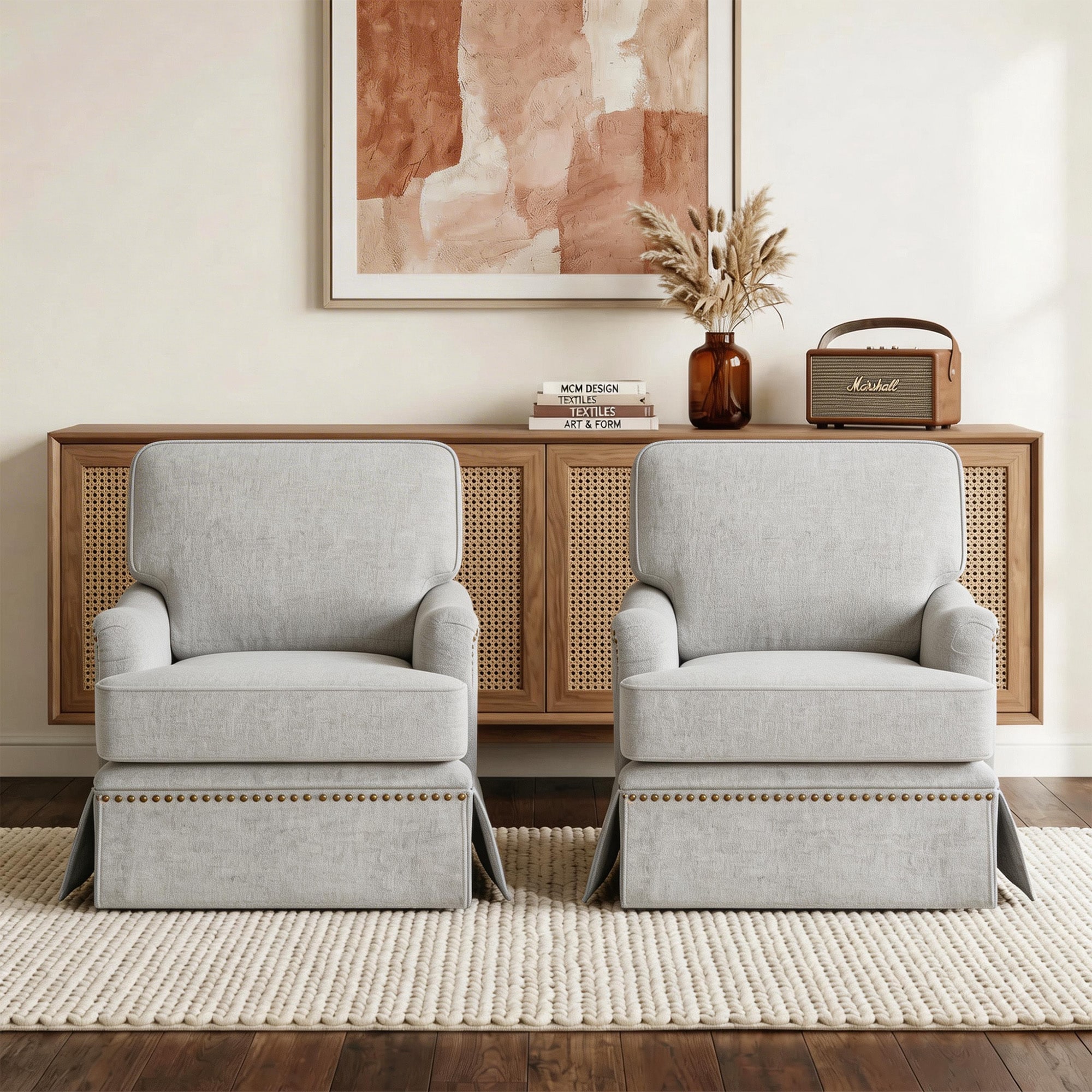 Dreamsidea Set of 2 Premium Chenille Swivel Accent Chairs with Nailhead Trim and Skirted Base