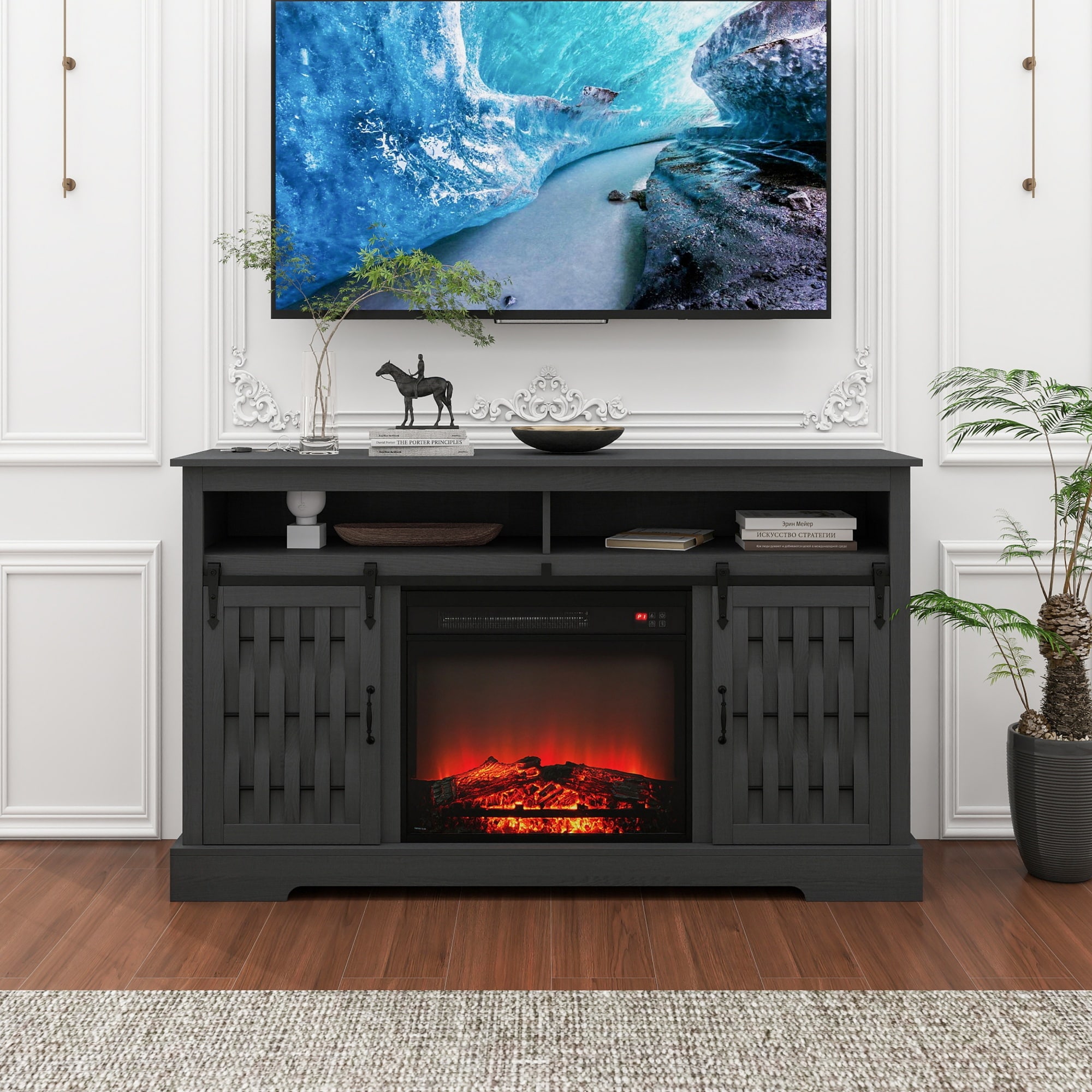 BABOOM BOM-71US-DK-CO 58.03-Inches W Dark Gray TV Stand with Fan-forced Corner or flat wall Electric Fireplace with Remote Control Included