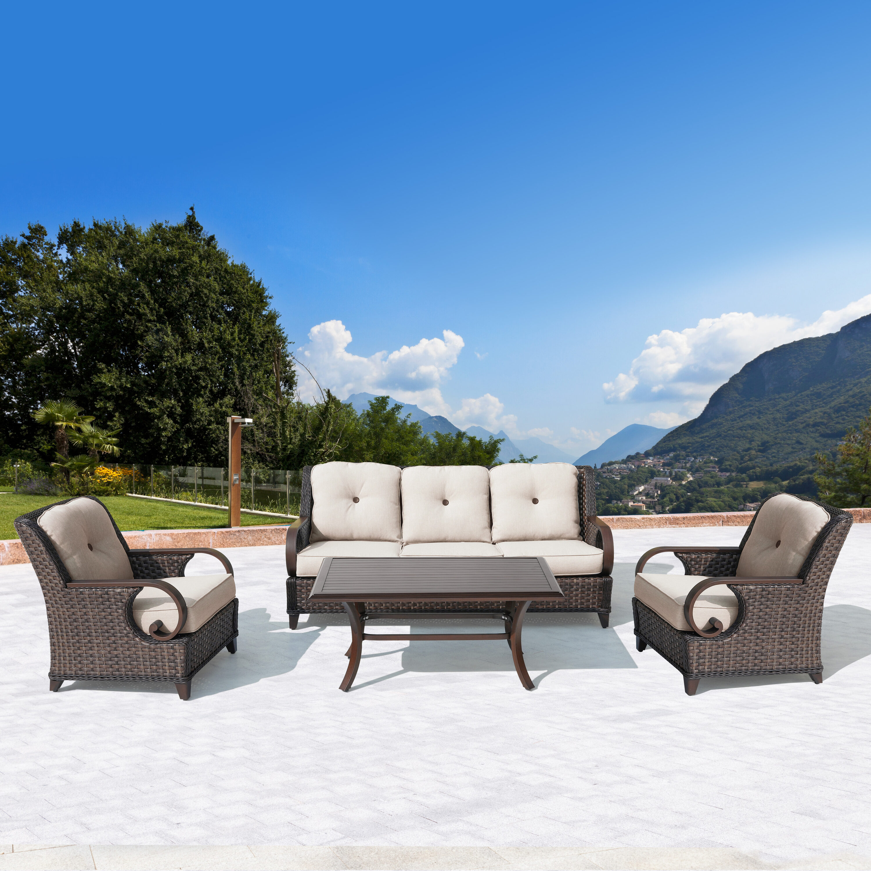 Patio time SWS009-01 9 -Piece Rattan Patio Sofa Conversation Set with Beige Cushions