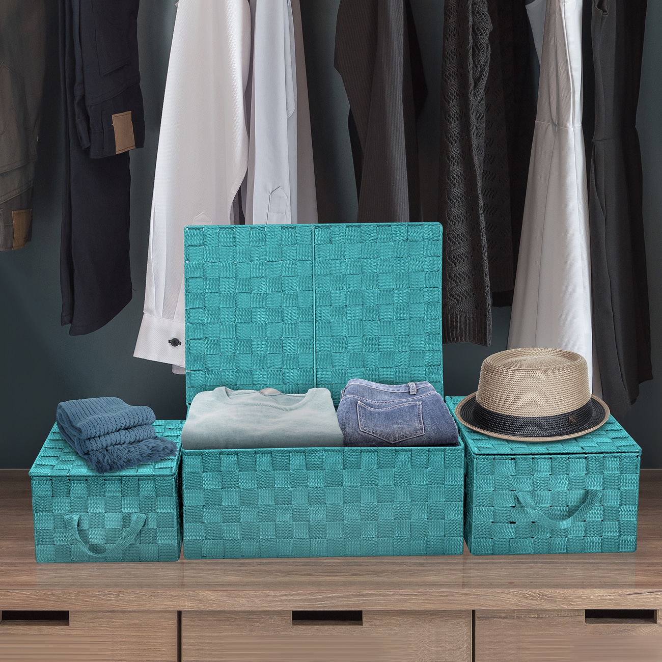 Aqua Woven Polypropylene Stackable Storage Basket Set with Lids