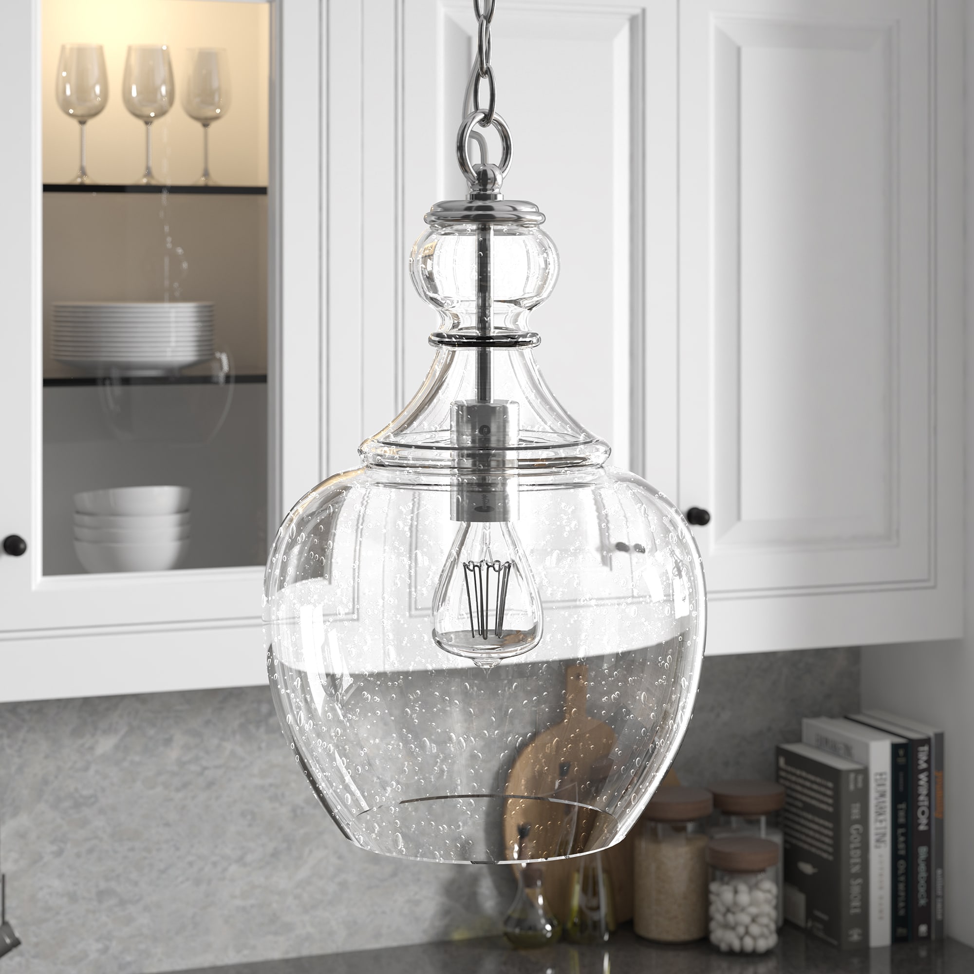 Hailey Home PD1070 Verona Brushed Nickel Transitional Seeded glass Drum Medium (10-22 inches) Hanging Pendant light