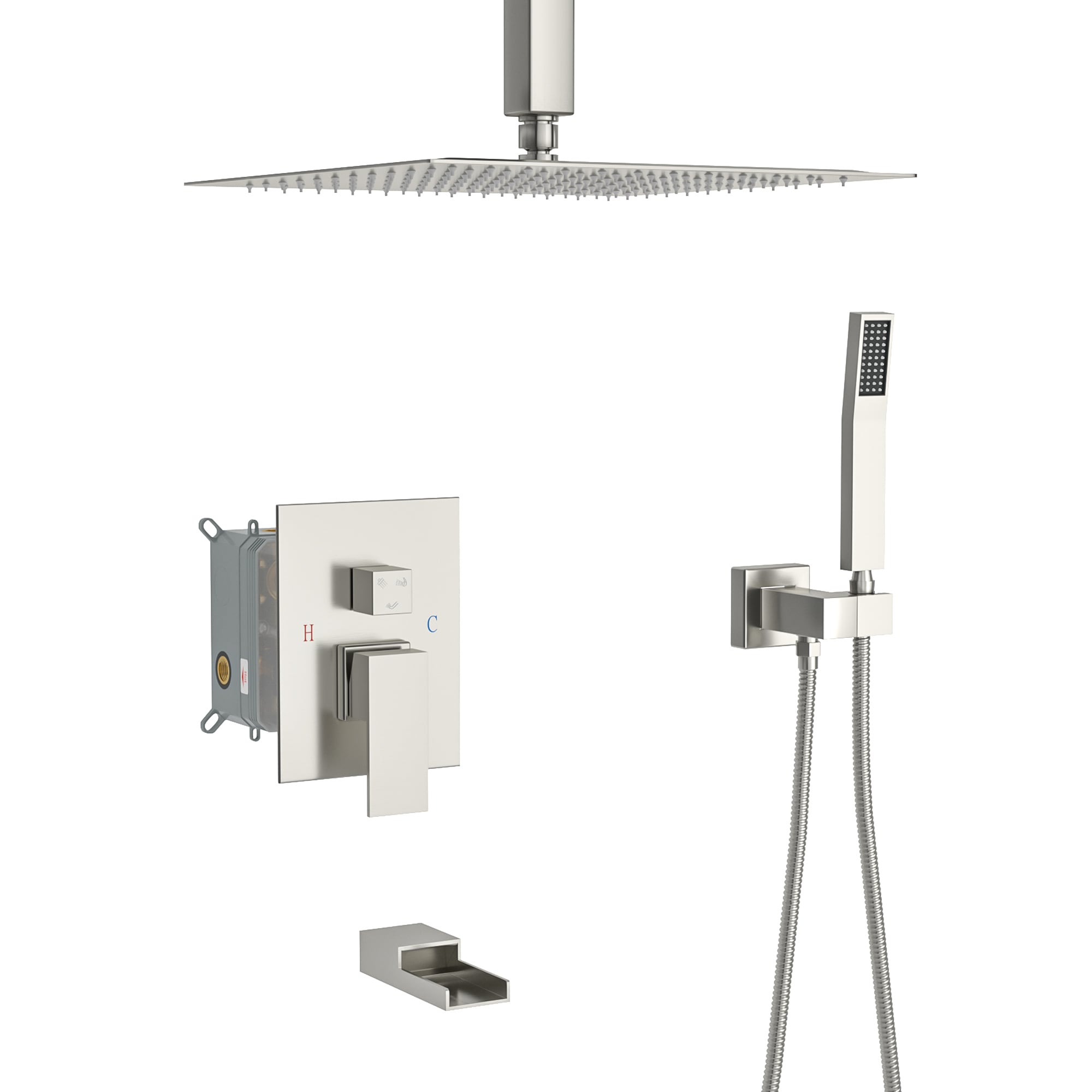 Brushed Nickel Ceiling Mounted Rain Shower System with Handheld