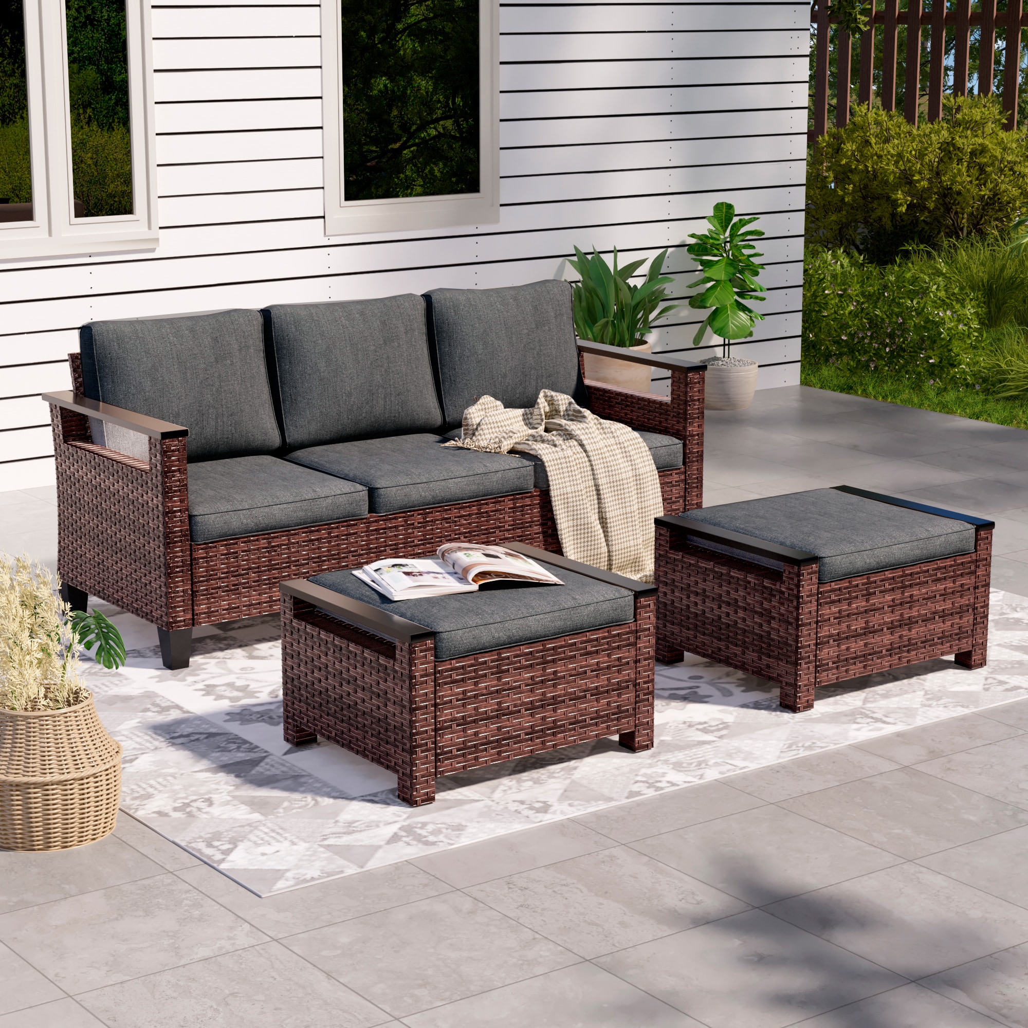 Sonkuki SD-PS-126S1BBK Patio Conversation Set 3 -Piece Wicker Patio Sofa Conversation Set with Black Cushions