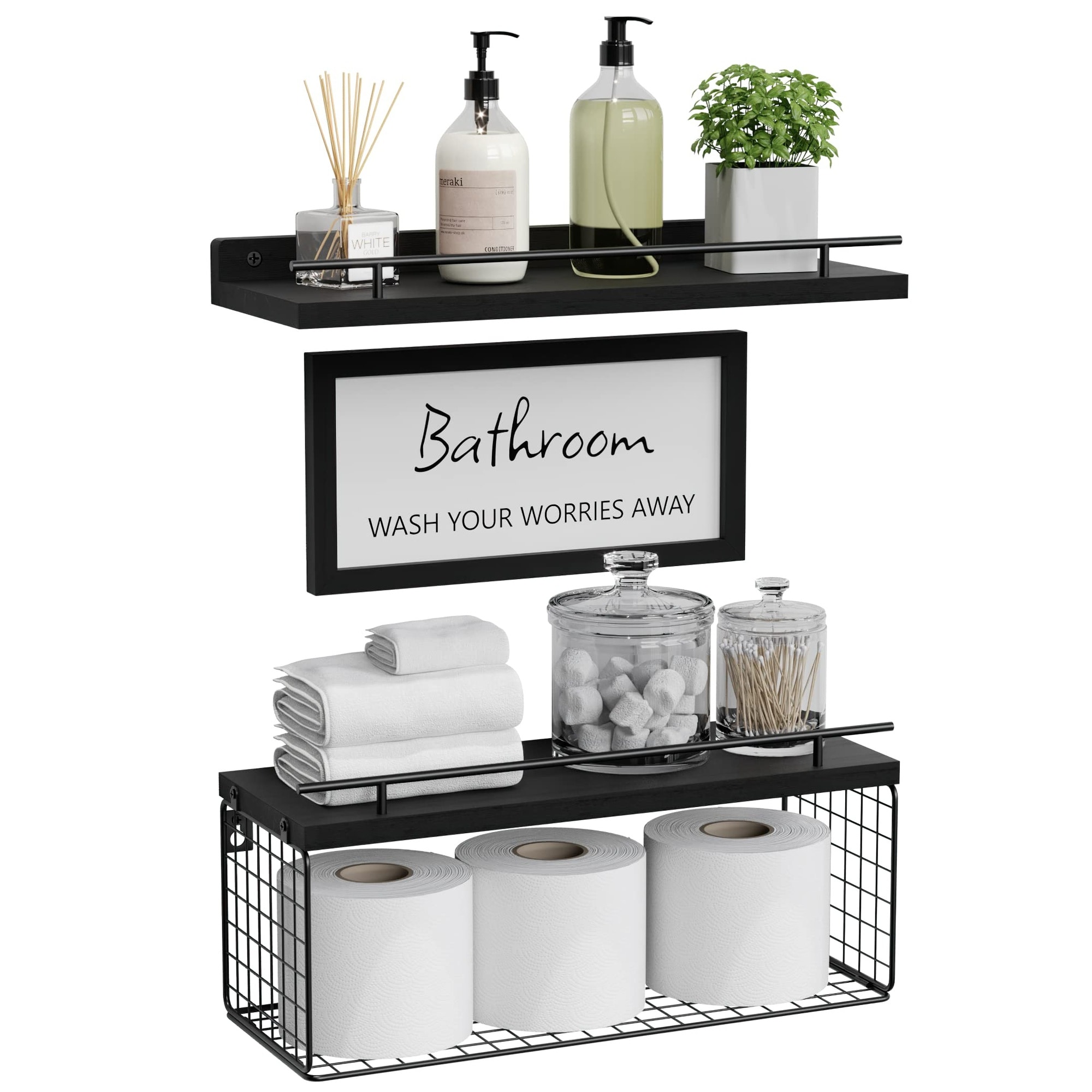 Phewnyzo  Floating Shelves for Bathroom Wall Decor Set Black Wood Storage Organizer Over Toilet with Metal Guardrail Basket Farmhouse Style