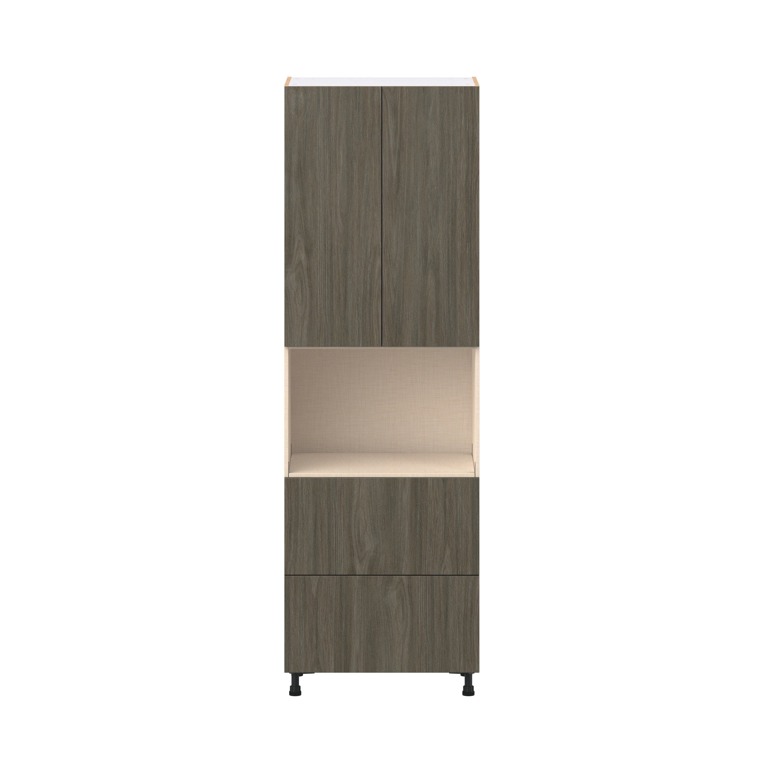 Front view of tall cabinet with dark wood doors and open shelf