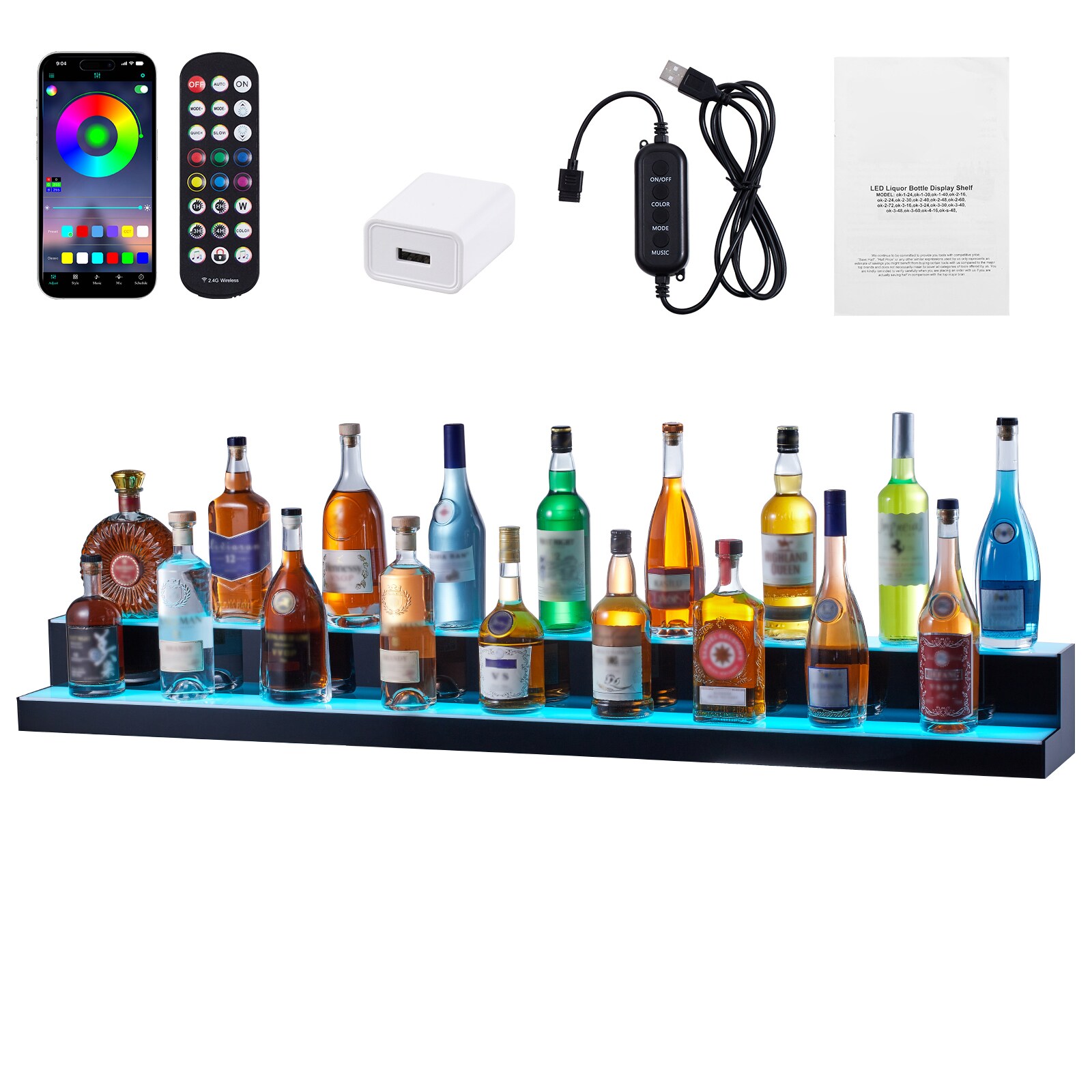 VEVOR SCZTXLEDJPZS07037V1 LED Lighted Liquor Bottle Display  2 Tiers 60 Inch Commercial Illuminated Home Bar Shelf  2 Steps Whiskey Rack Stand  Acrylic Drink Shelves with RF Remote and App Control  and Multicolor lighting