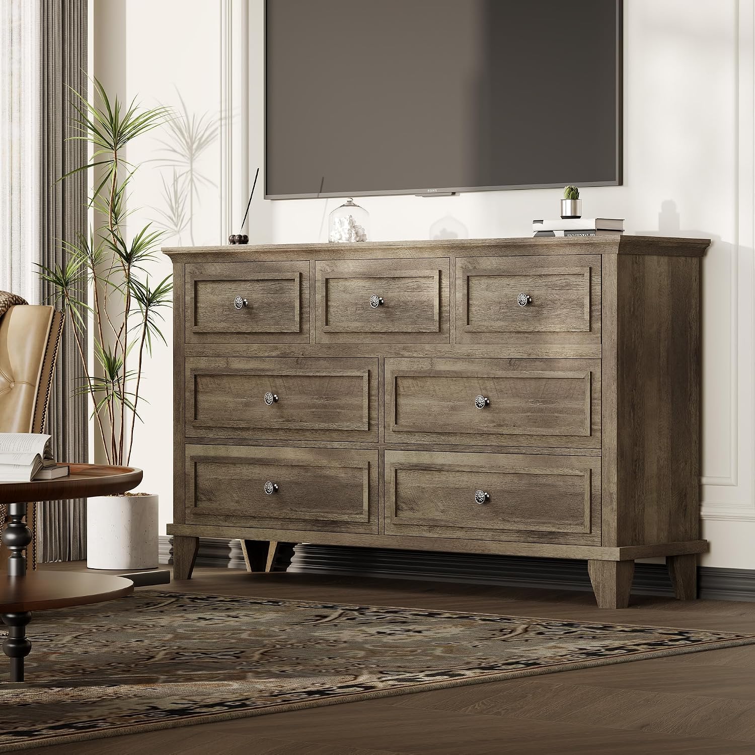 GAOMON 7 Drawer Dresser Retro Gray Framed Chest Large Bedroom Storage ...