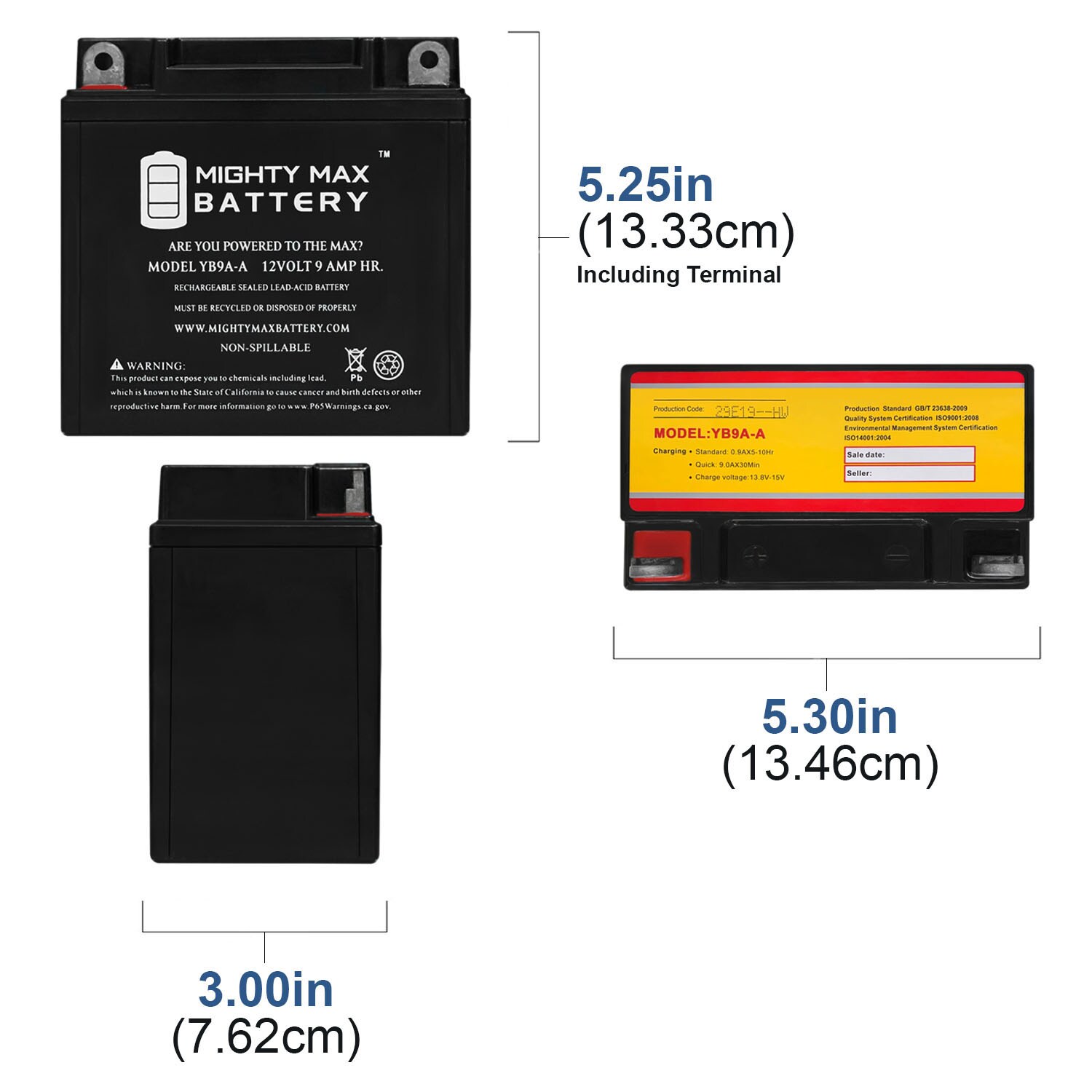 Mighty Max Battery YB9A-A 12V 9AH 130 CCA for EverLast CB9A-A ...