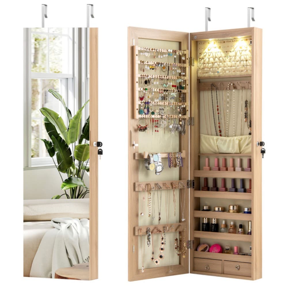 Fenbeli - Over Door Jewelry Armoire with Full Length Mirror LED Lighting and Categorized Lockable...