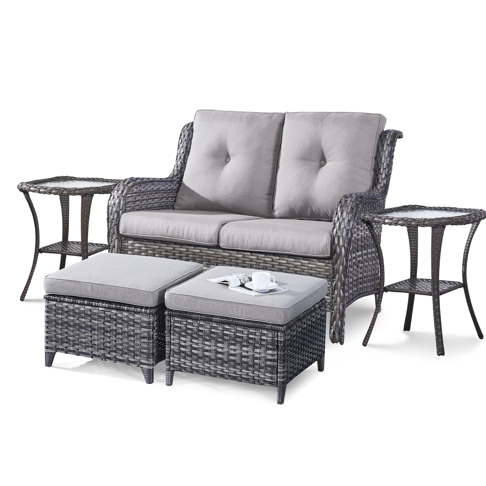 Rilyson FS039016026X2-2 Curved armrest 5 -Piece Wicker Patio Conversation Set with Gray Cushions