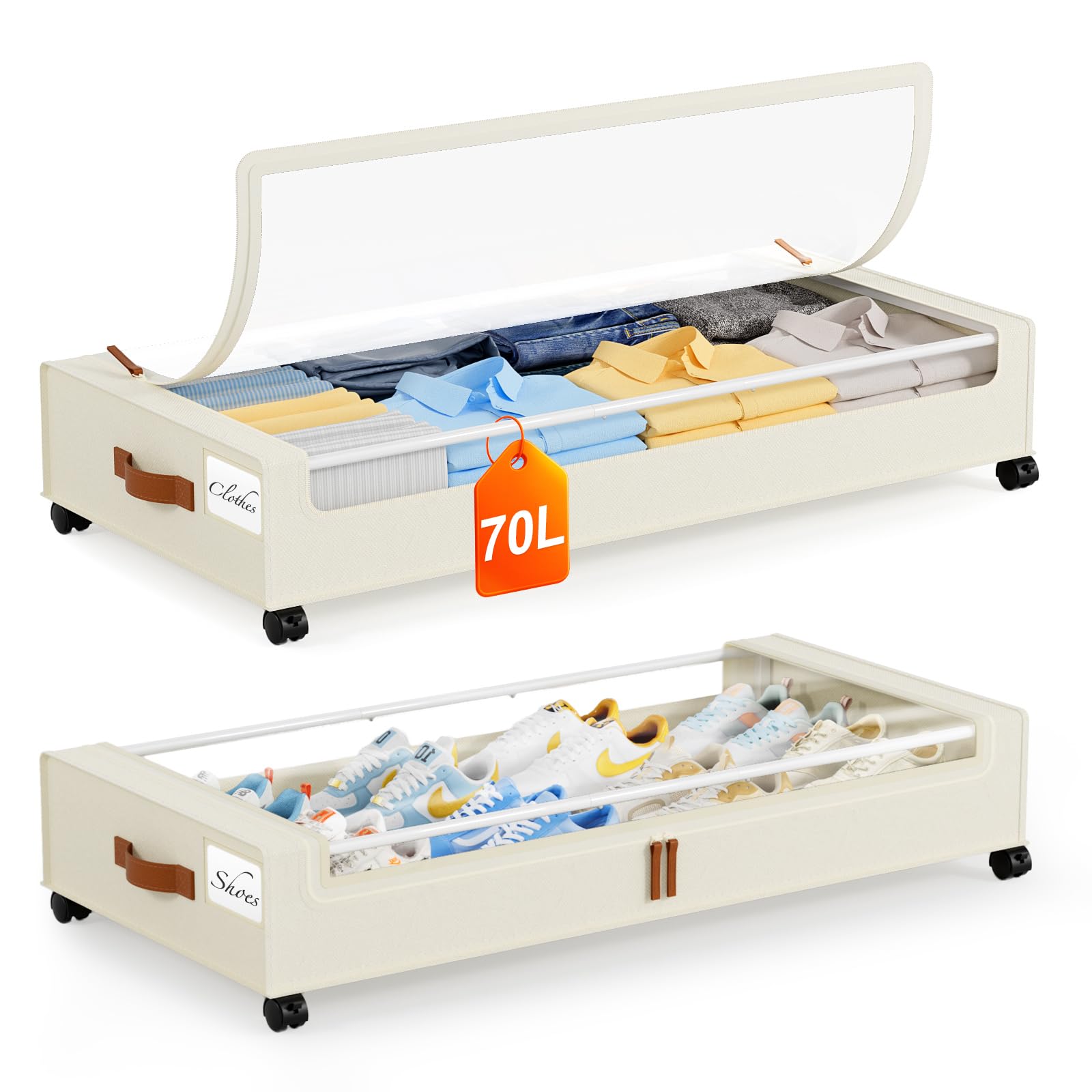 URIACG Beige Extra Large 2Pack Under Bed Storage With Wheels Rolling Metal Drawers Fabric 360 Rotating Silent Wheels Clear Window Label Foldable Versatile Storage