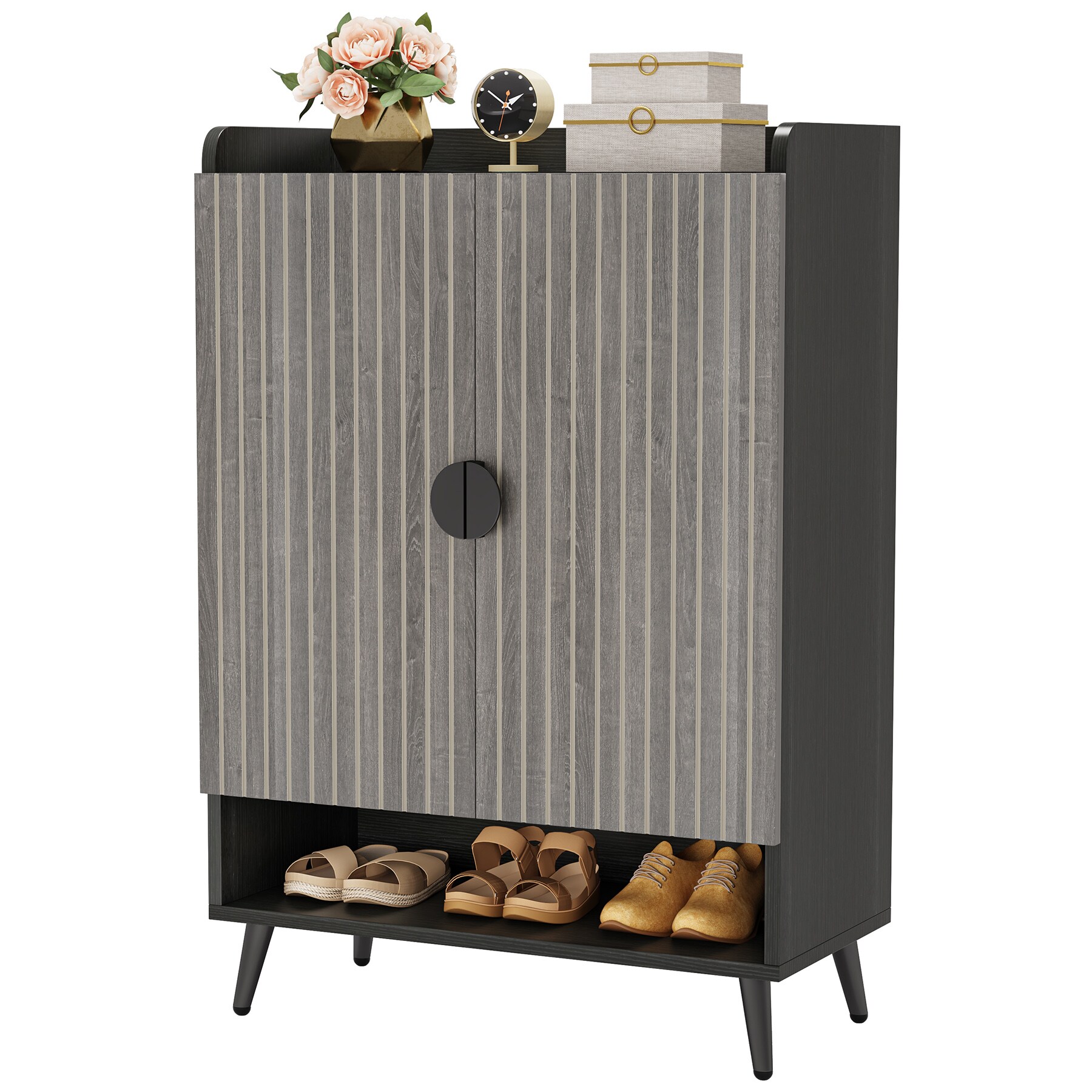 Tribesigns 48.03-in H 3 Tier 24 Pair Oak/Black Engineered Wood Shoe Cabinet | HOGA-NY045