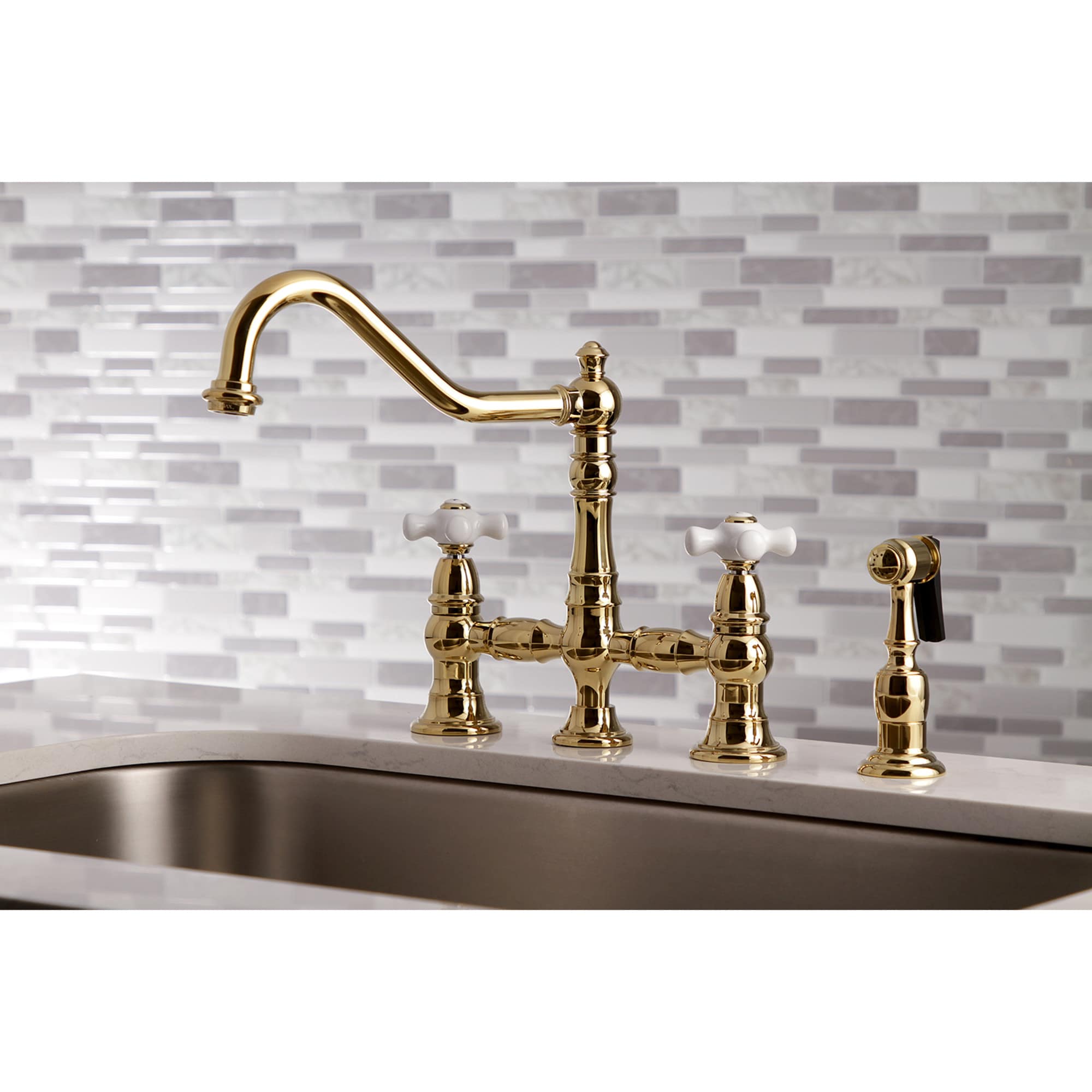 Kingston Brass WLKS3272PXBS Restoration Polished brass Double Handle Deck-mount Bridge Kitchen Faucet with Sprayer ( Side Sprayer Included )