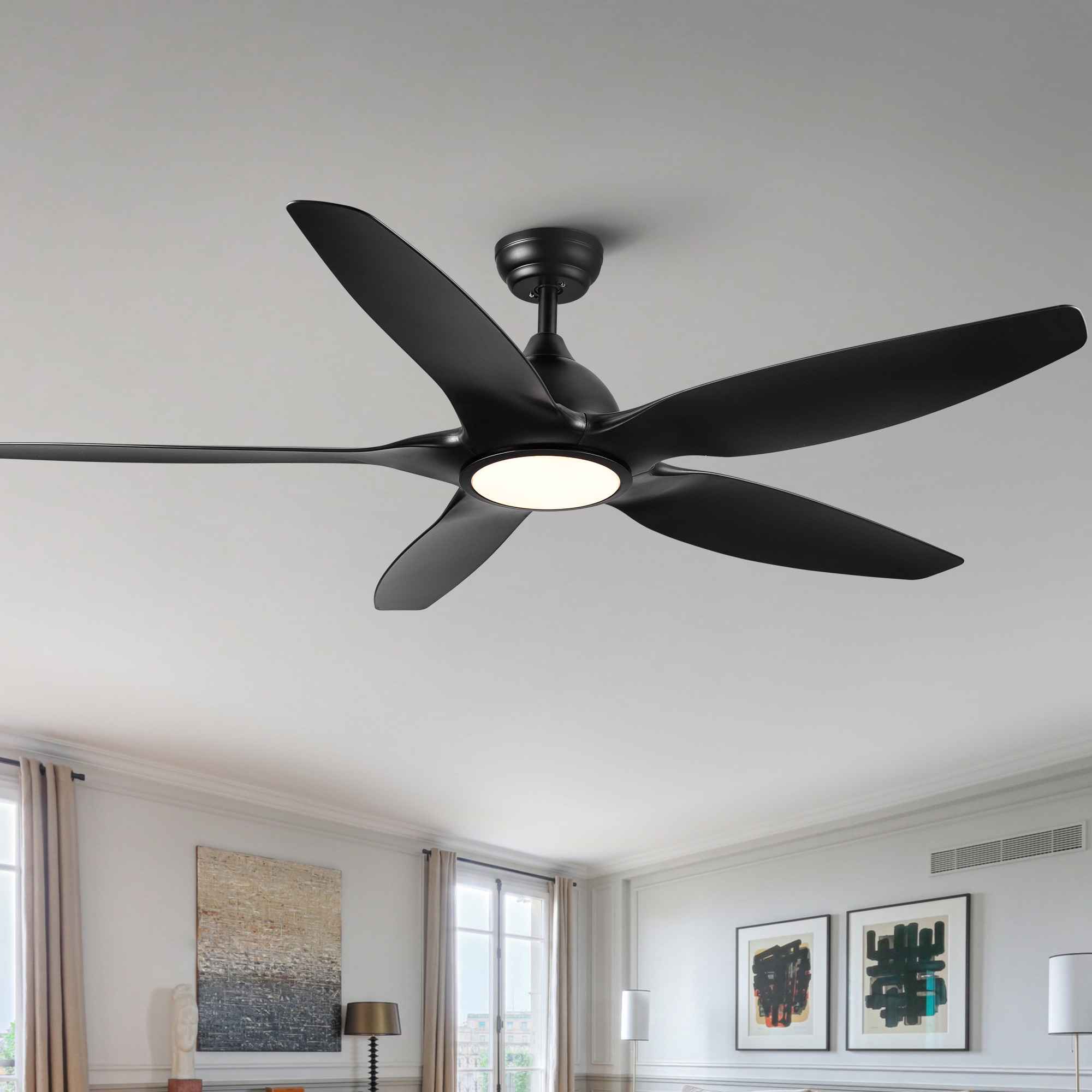 ExBrite DICF0024 60-in Color-Changing Integrated LED Matte Black with Matte Blades Ceiling Fan With Light - Remote Included ( 5 -Blade )