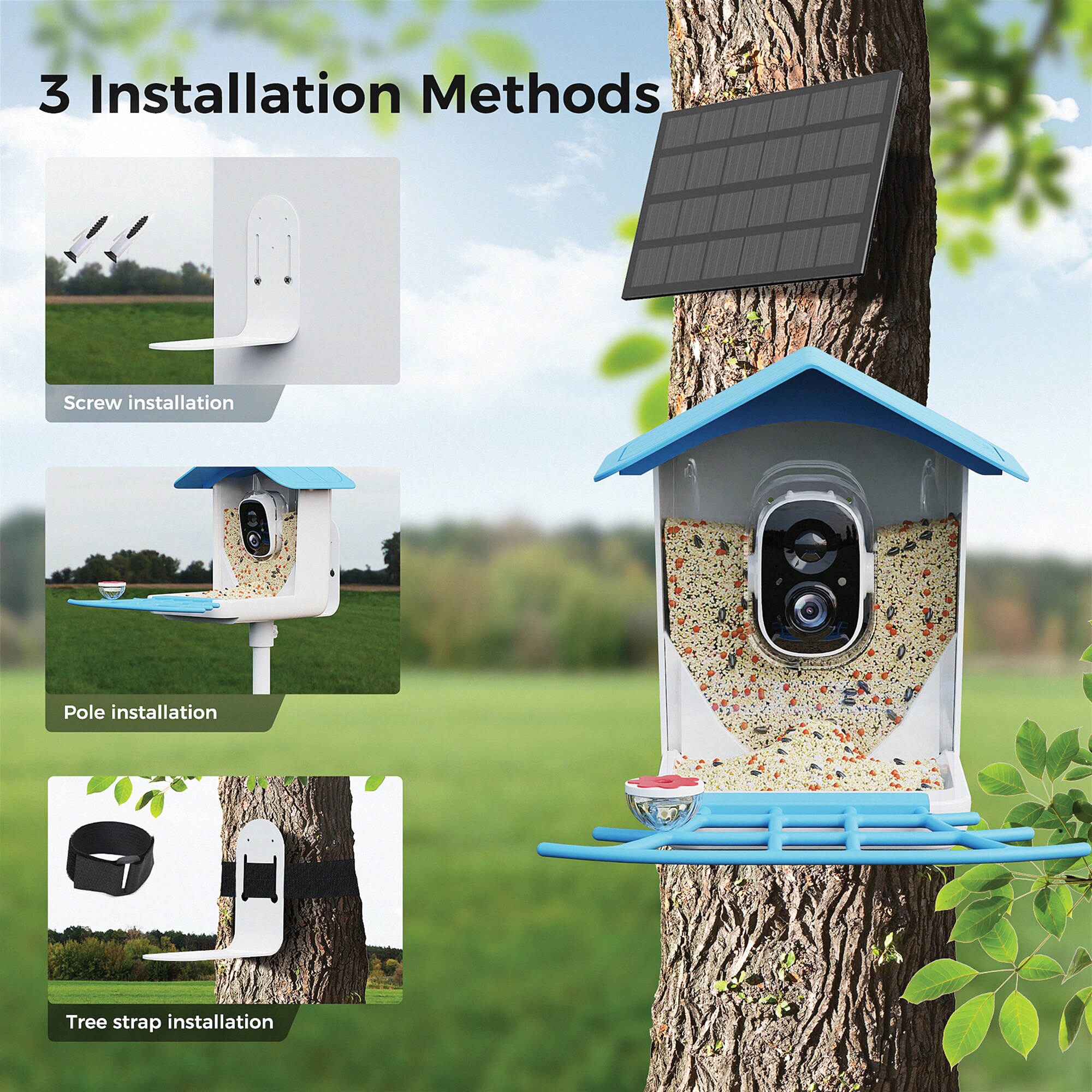 Sky Blue Canopy Plastic Squirrel-Resistant Platform Bird Feeder with Camera