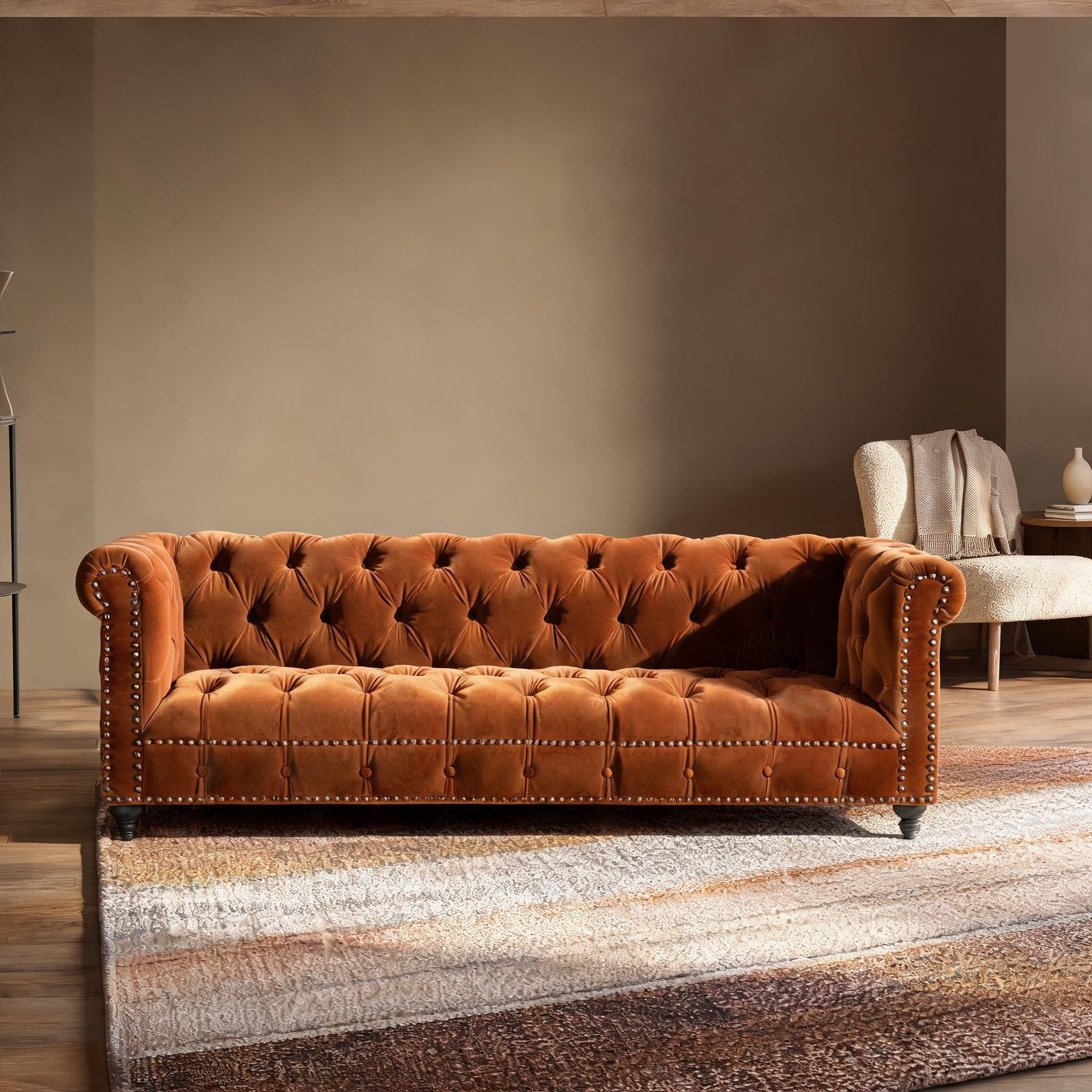 Naturefalls - 88-Inch Chesterfield Sofa Upholstered in Burnt Orange Performance Velvet with Tufte...