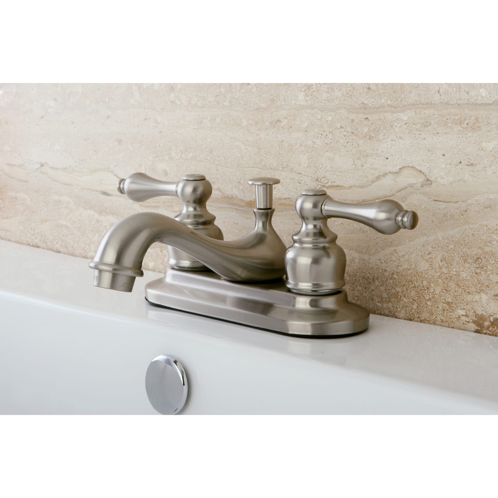 Kingston Brass WLKB608AL Vintage Brushed nickel 4-in centerset 2-handle Low-arc Residential Handle Bathroom Sink Faucet with Drain