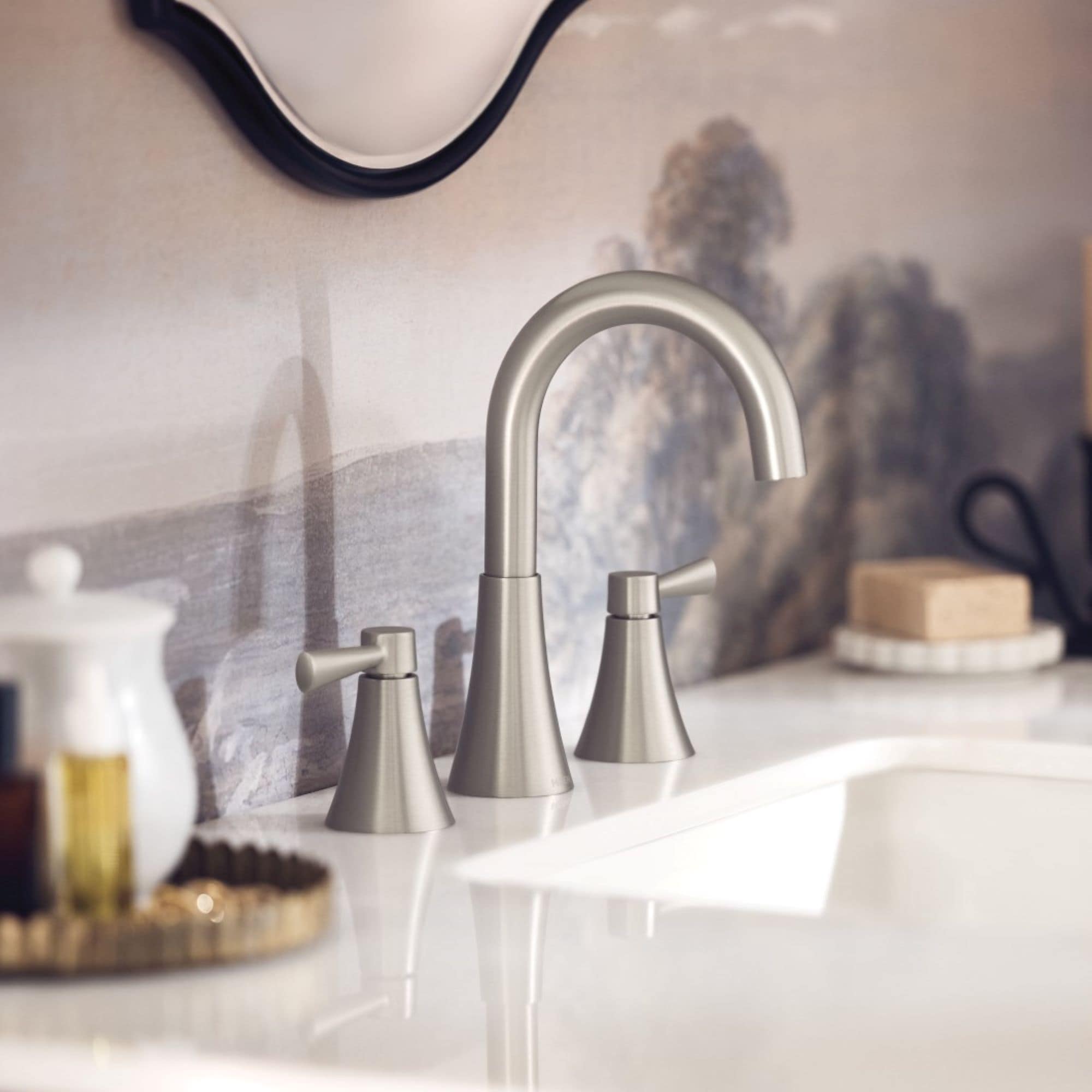 Moen 84023SRN Ronan Spot Resist Brushed Nickel Widespread 2-handle WaterSense High-arc Commercial/Residential Handle Bathroom Sink Faucet with Drain