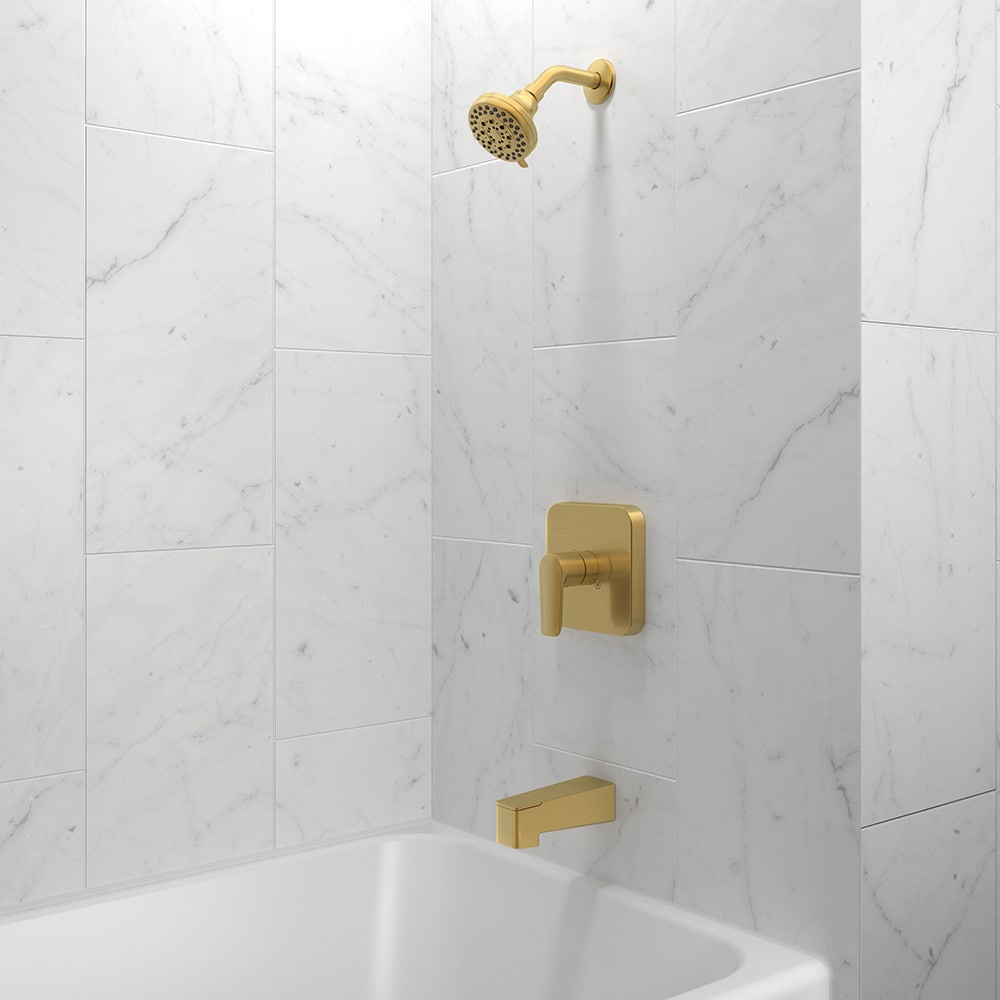 allen + roth Dunmore Brushed Gold 1-handle Multi-function Round Bathtub and Shower Faucet Valve Included