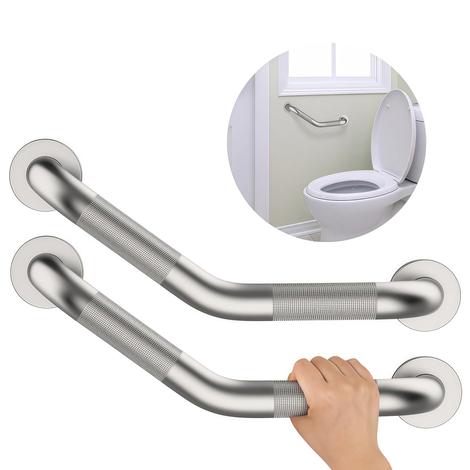 Numhew 16in L 2-Pack Angled Knurled Satin Brushed Nickel Shower Grab Bar #NHWILL2719
