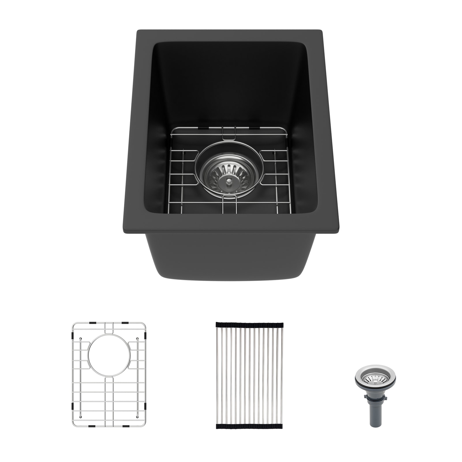KICHAE 12-in L x 16-in W Quartz Undermount Commercial/Residential Small Kitchen Bar Prep Sink in Black with Accessories