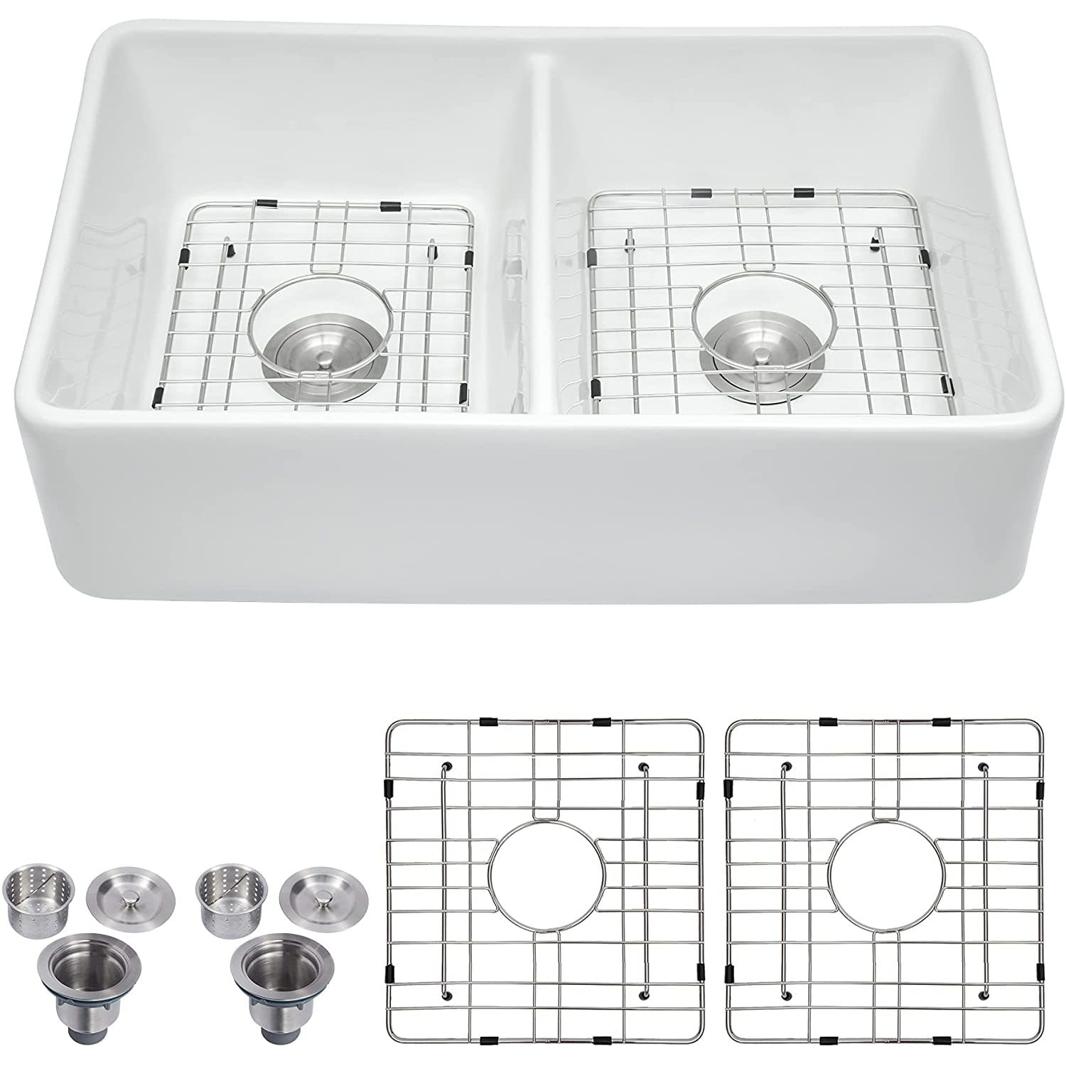 Streamdale Furniture Streamdale 32 L X 20 W Double Basin Farmhouse Kitchen Sink With Basket Strainer