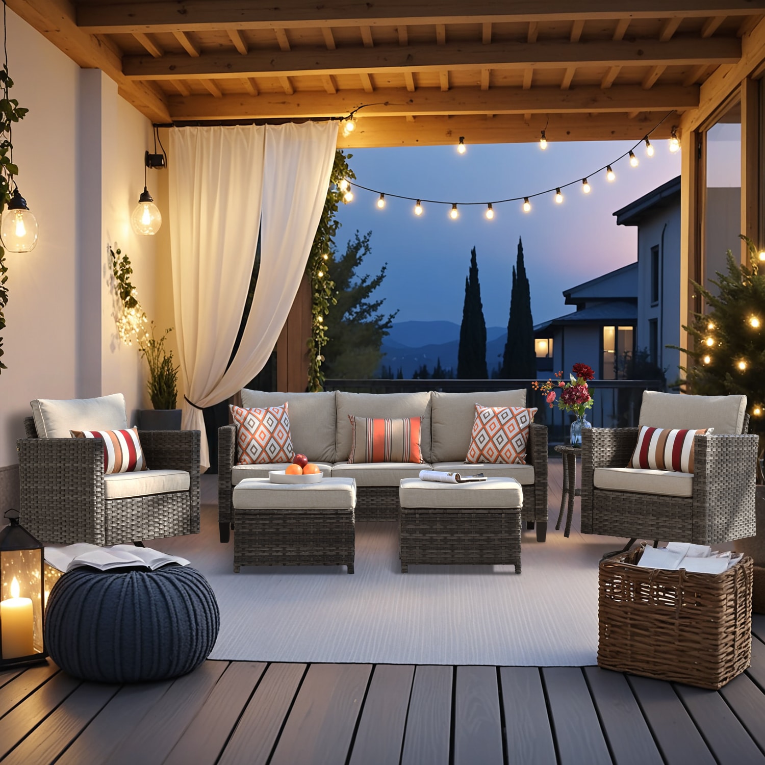 XIZZI XSQRC6163 Lullaby 6.0 -Piece Rattan Patio Sofa Conversation Set with Off-white Cushions
