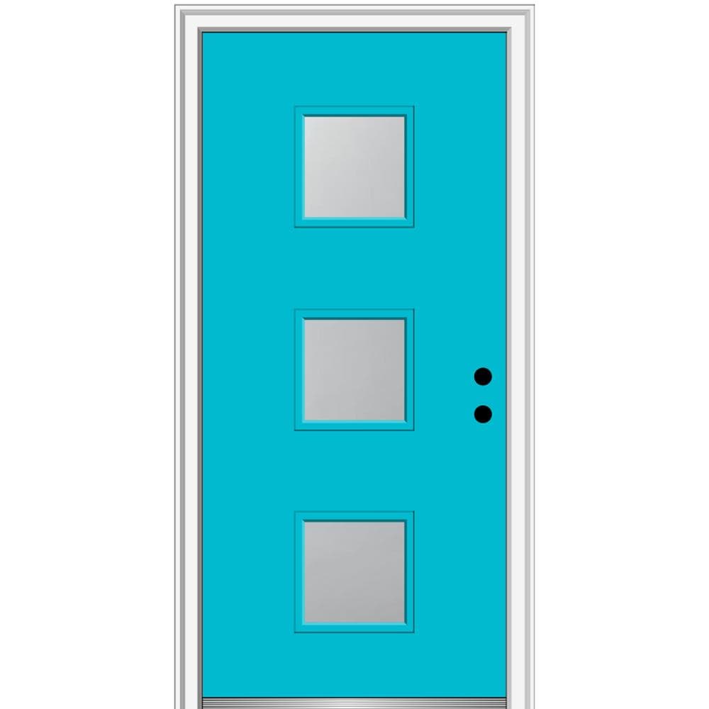 MMI DOOR ZZ347397L Spotlights 32-in x 80-in x 4-9/16-in Fiberglass Pulse lite Left-hand inswing Bahama Blue Painted Prehung Front Door with Brickmould Insulating core