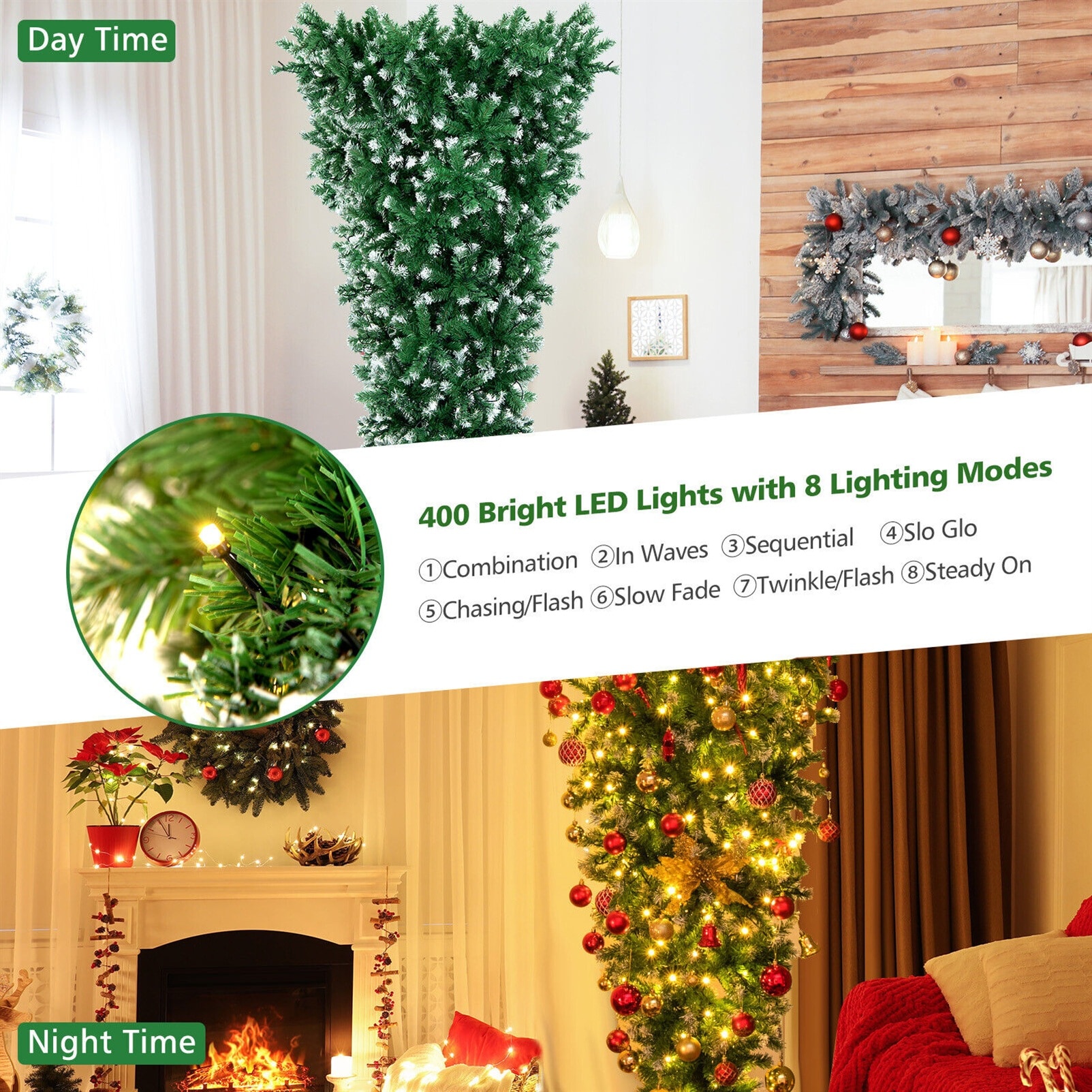 Gtnali 7.5-ft Pre-Lit Flocked Green PVC Upside Down Artificial Christmas Tree with 1100 Tips 400 Warm White LED Lights 8 Modes
