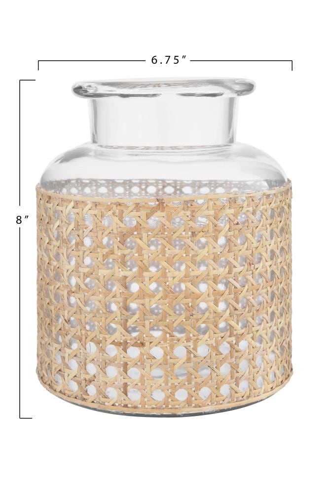 Clear Glass Vase with Natural Cane Sleeve, 6.8"