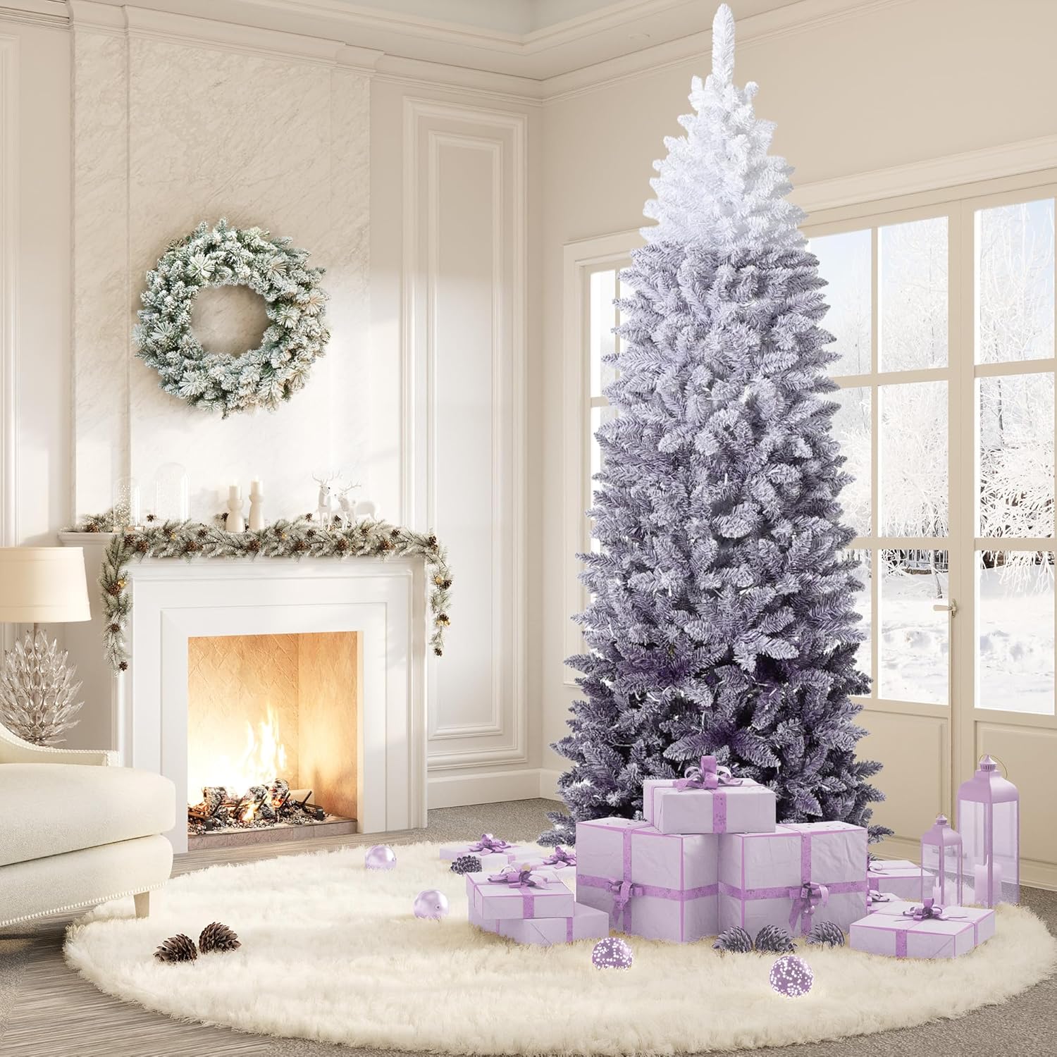 Qeetex LHF-SDS-Q8RJ365 7.5ft Pencil Christmas Tree Slim Artificial Xmas Tree with Snow Flocked Branches Skinny Purple Gradient Christmas Decoration for Home and Office