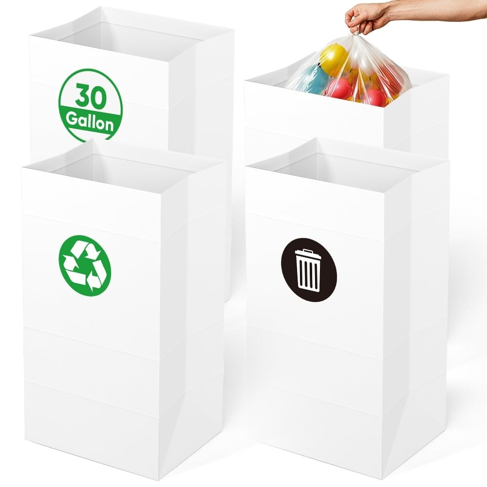 Vrbgify  4 Pack 30 Gallon Disposable Trash Cans Self Standing Leak Resistant Liner Sorting Stickers Collapsible Portable 30.7 H x 17 W x 13.4 D