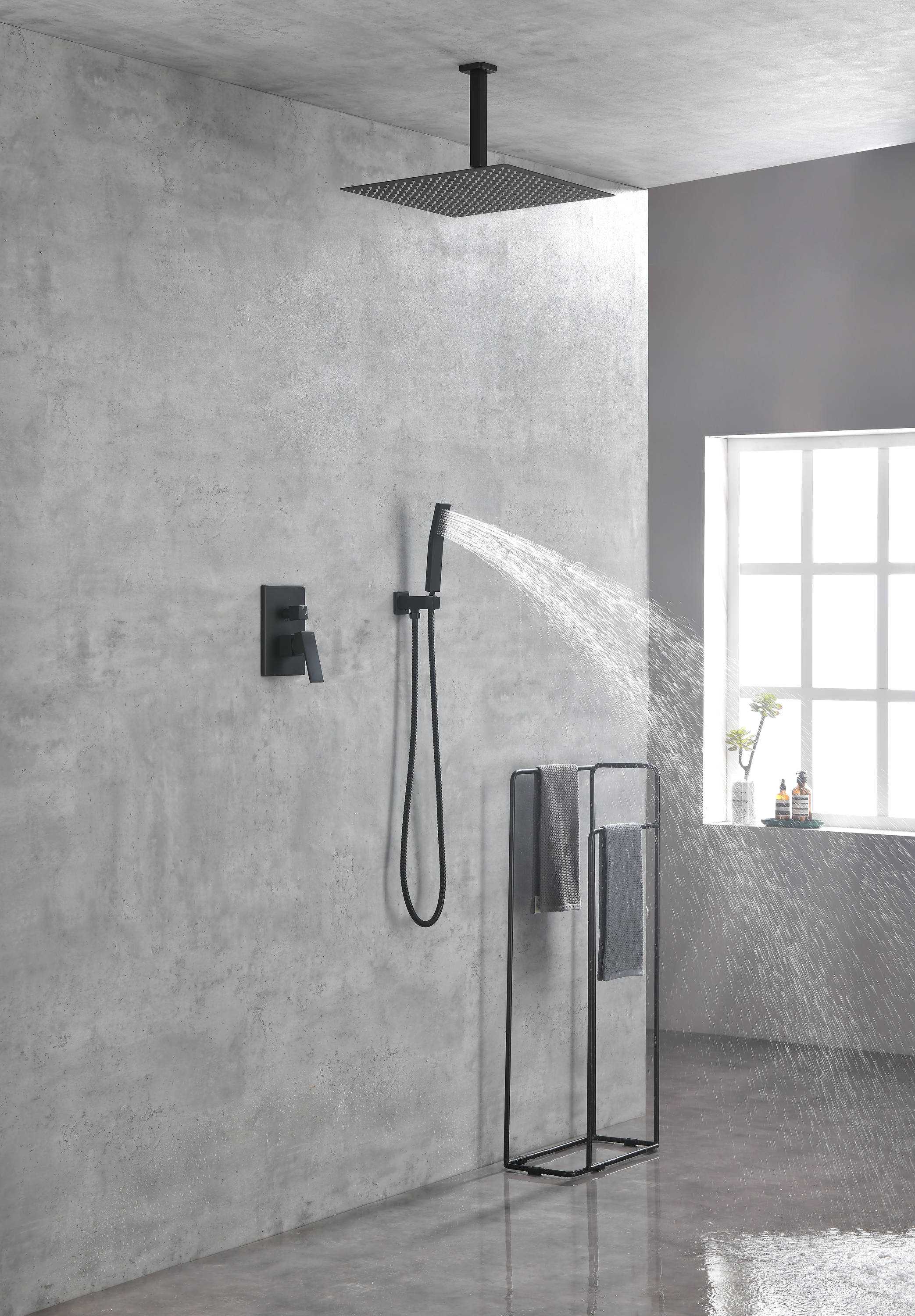 WELLFOR 16-in Ceiling Mounted Shower System Matte Black Built-In Shower  Faucet System with 2-way Diverter Valve Included
