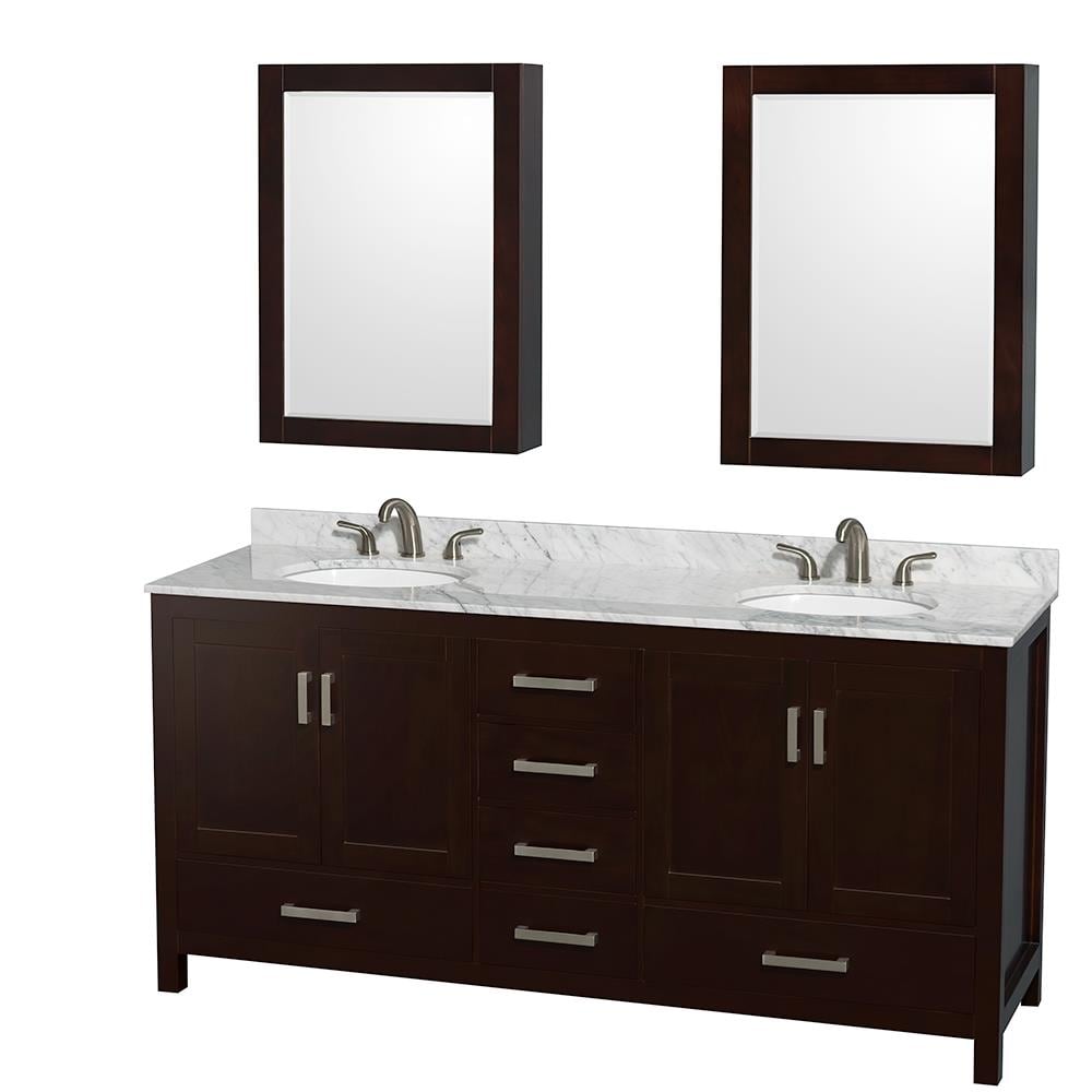 Wyndham Collection WCS141472DESCMUNOMED Sheffield 72-in Espresso Undermount Double Sink Bathroom Vanity with White Carrara Natural Marble Top (Mirror Included)