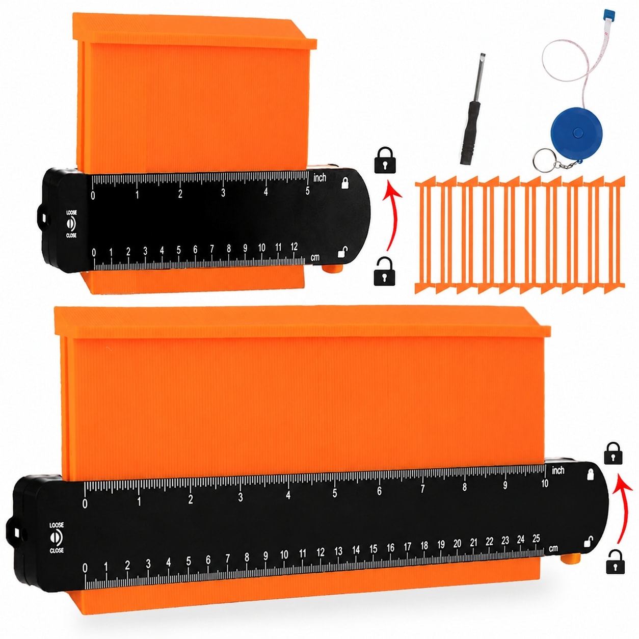 Ahfiwaso  Contour Gauge Tool Set for Woodworking Flooring and Carpentry Shape Duplication with Lock Dual Sided Scale Includes 5 Inch and 10 Inch