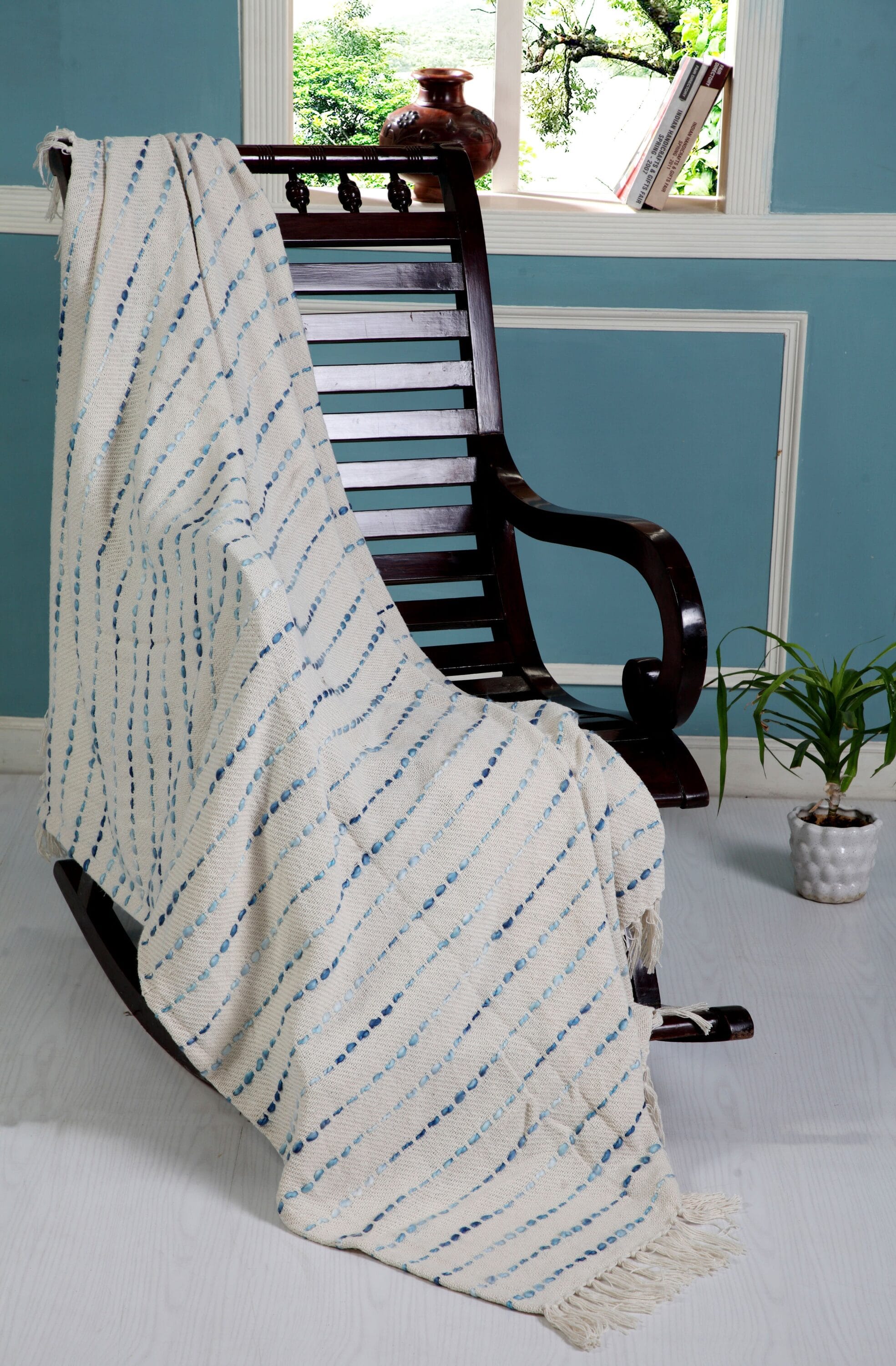 Cream and Blue Cotton Reversible Throw Blanket, 50" x 60"