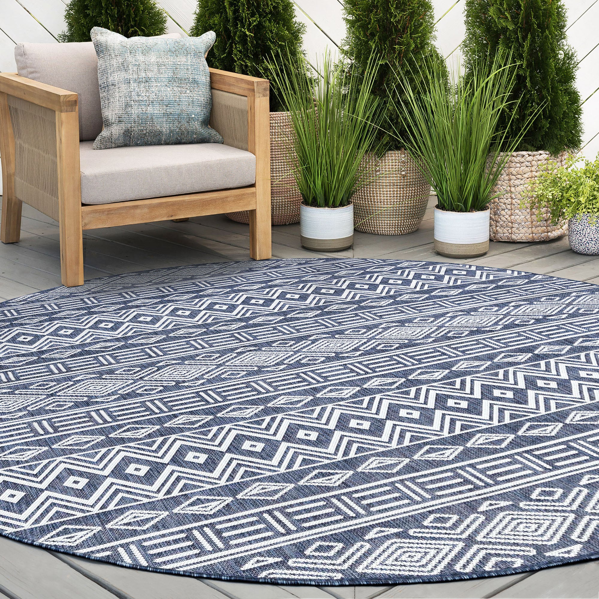 Tayse ECO2007 8RND Eco 8 x 8 (ft) Flatweave Polypropylene Navy Round Indoor/Outdoor Area rug