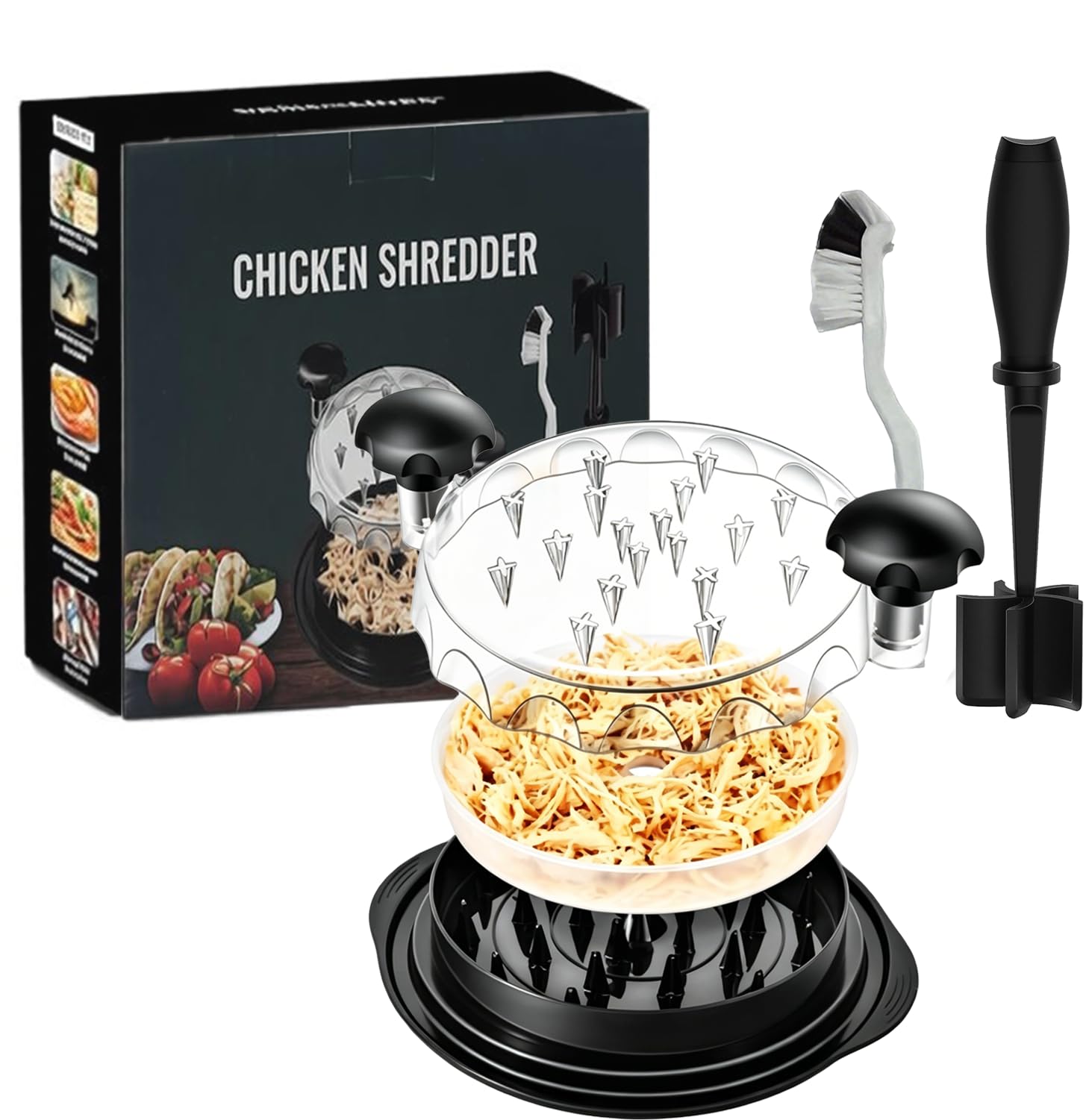 Afoxsos  Chicken Shredder Tool Twist Clear Lid Meat Shredder Non Slip Base Ergonomic Handles BPA Free Dishwasher Safe with Meat Chopper Brush
