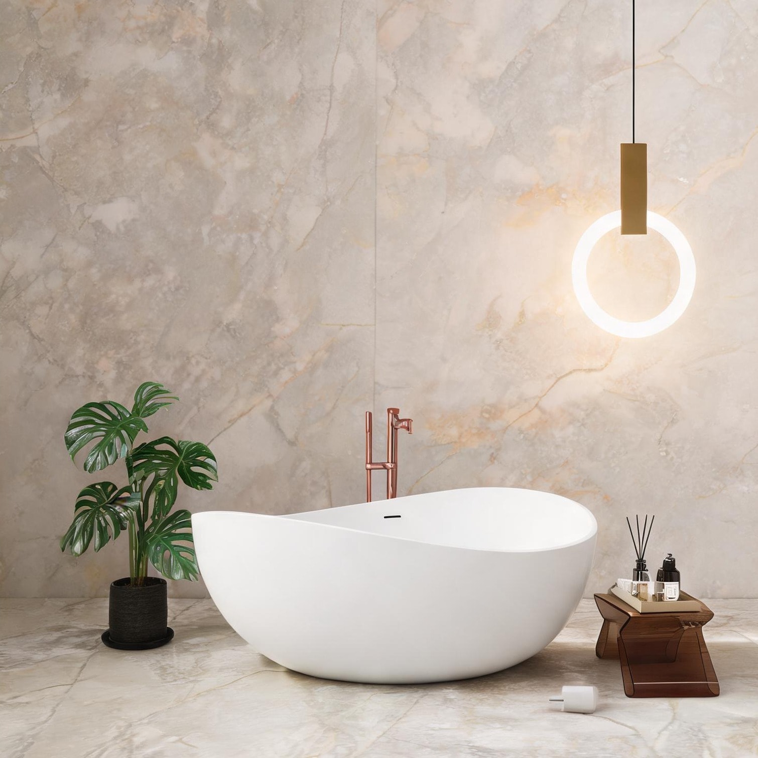 Naturefalls - Soft White Freestanding Soaking Bathtub with Ergonomic Solid Surface Design 63 Inches