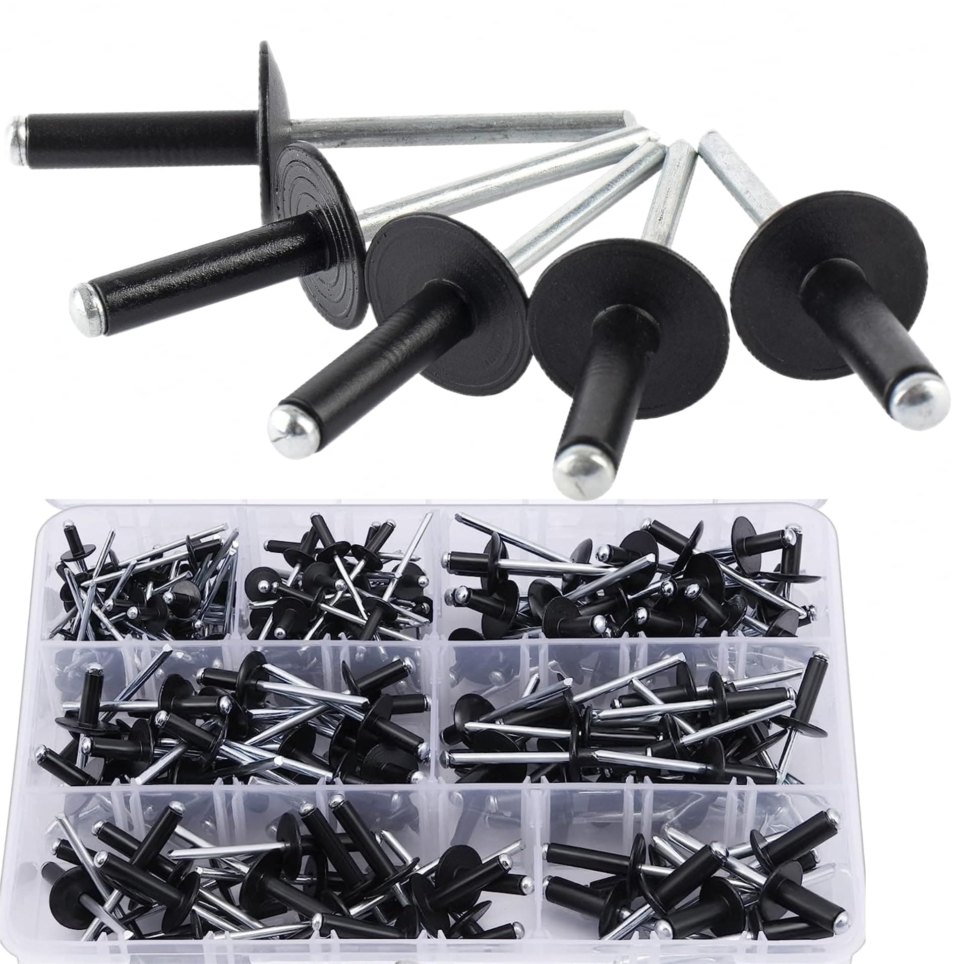 Etokfoks  220 Piece Large Flange Aluminum Blind Rivet Assortment Kit with Case Black 7 Sizes