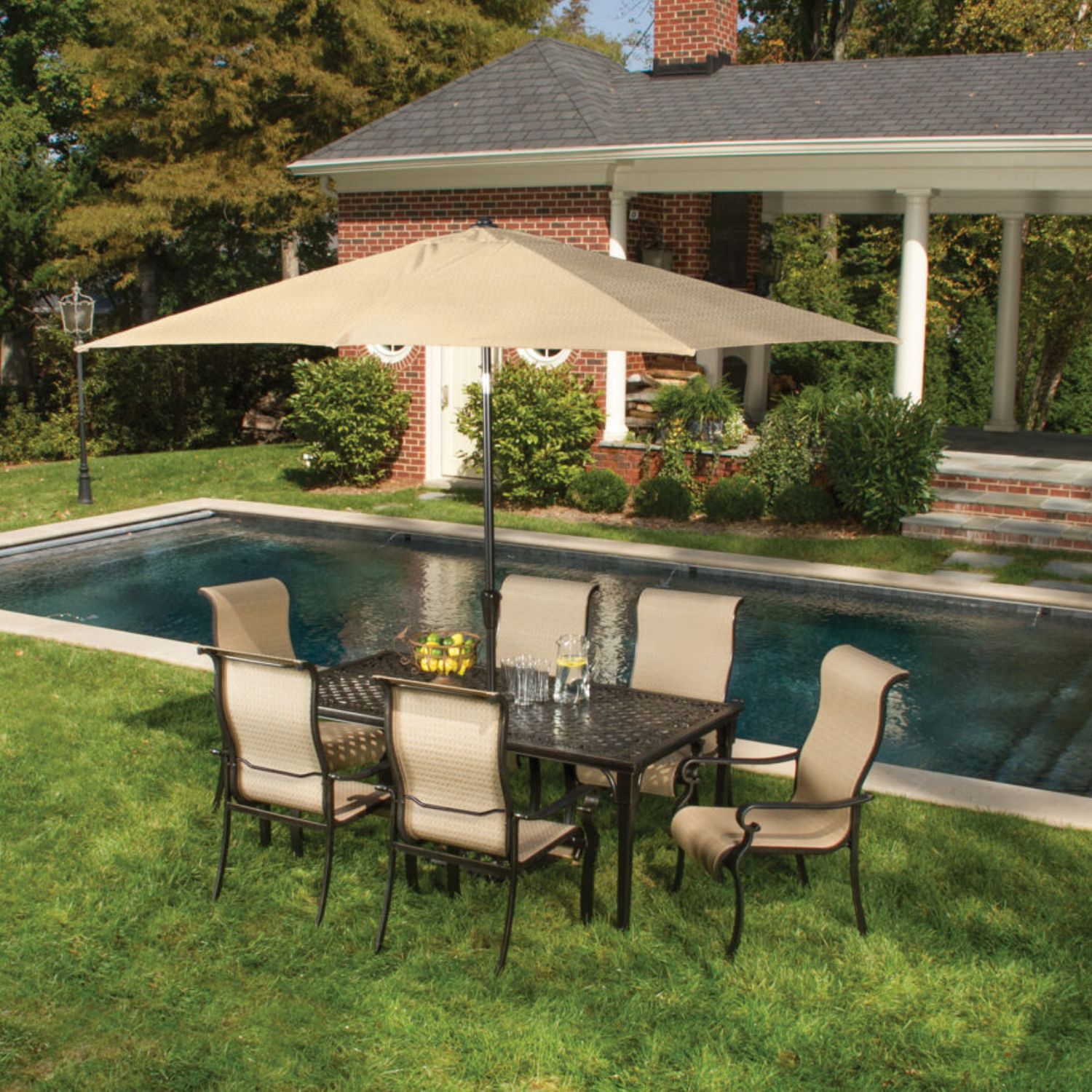 Hanover BRIGDN7PC-SU Brigantine 8 -Piece Espresso Bean Patio Dining Set Aluminum Rectangle Table with 6 Tan Stationary Chairs and Umbrella Included