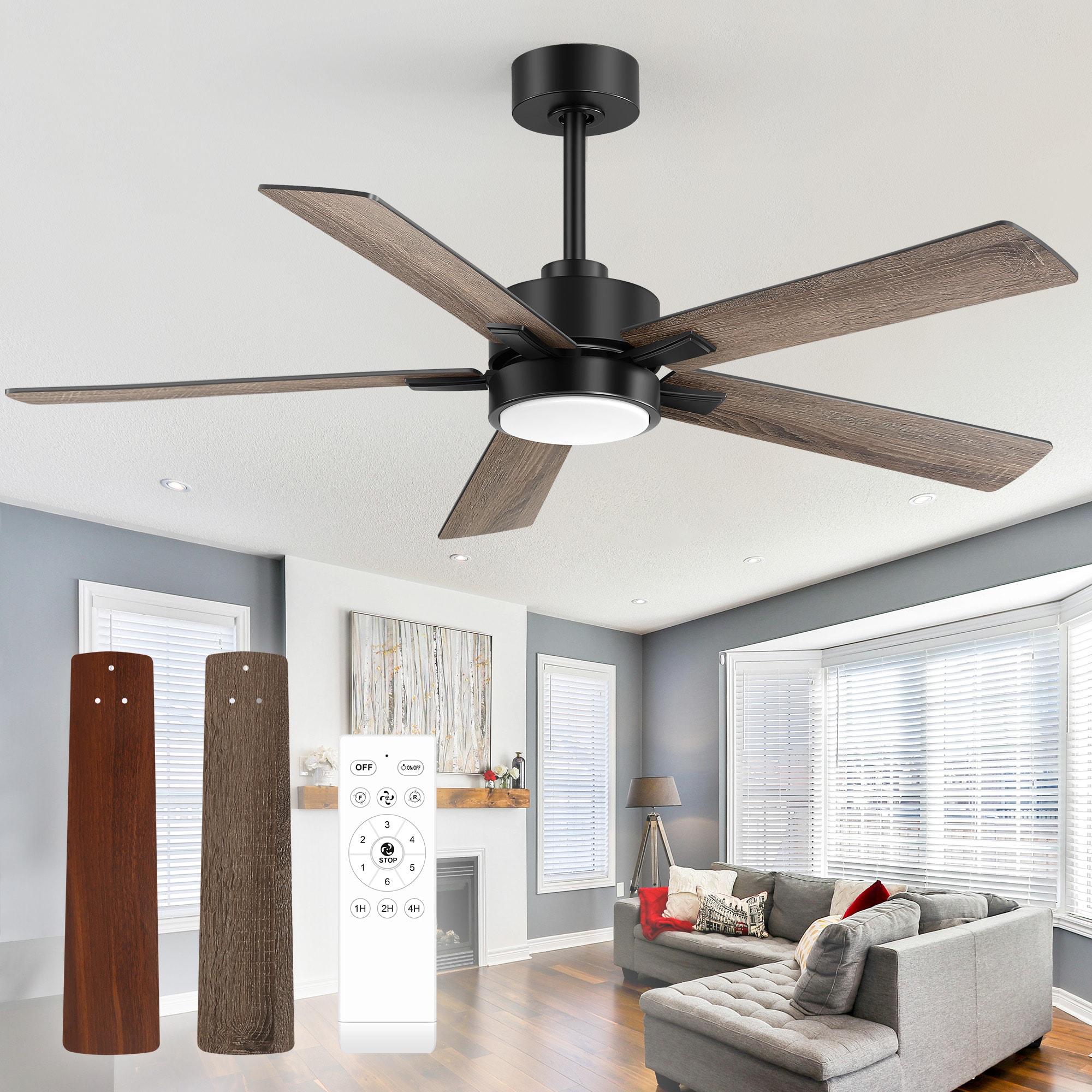 Breezary 35056-BK 52-in Color-Changing Integrated LED Matte Black with Light and Dark Walnut Blades Ceiling Fan With Light 5 -Blade )