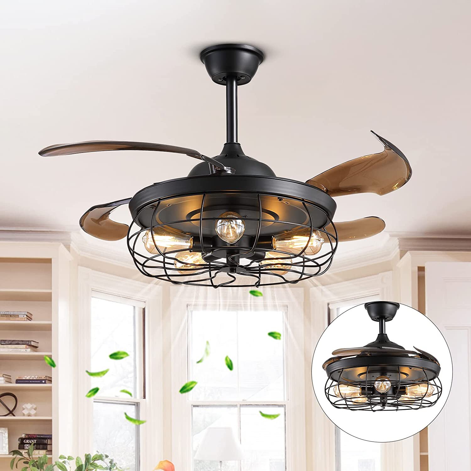 Antoine Modern 42-in Black with Acrylic Blades Indoor Cage Ceiling Fan ...