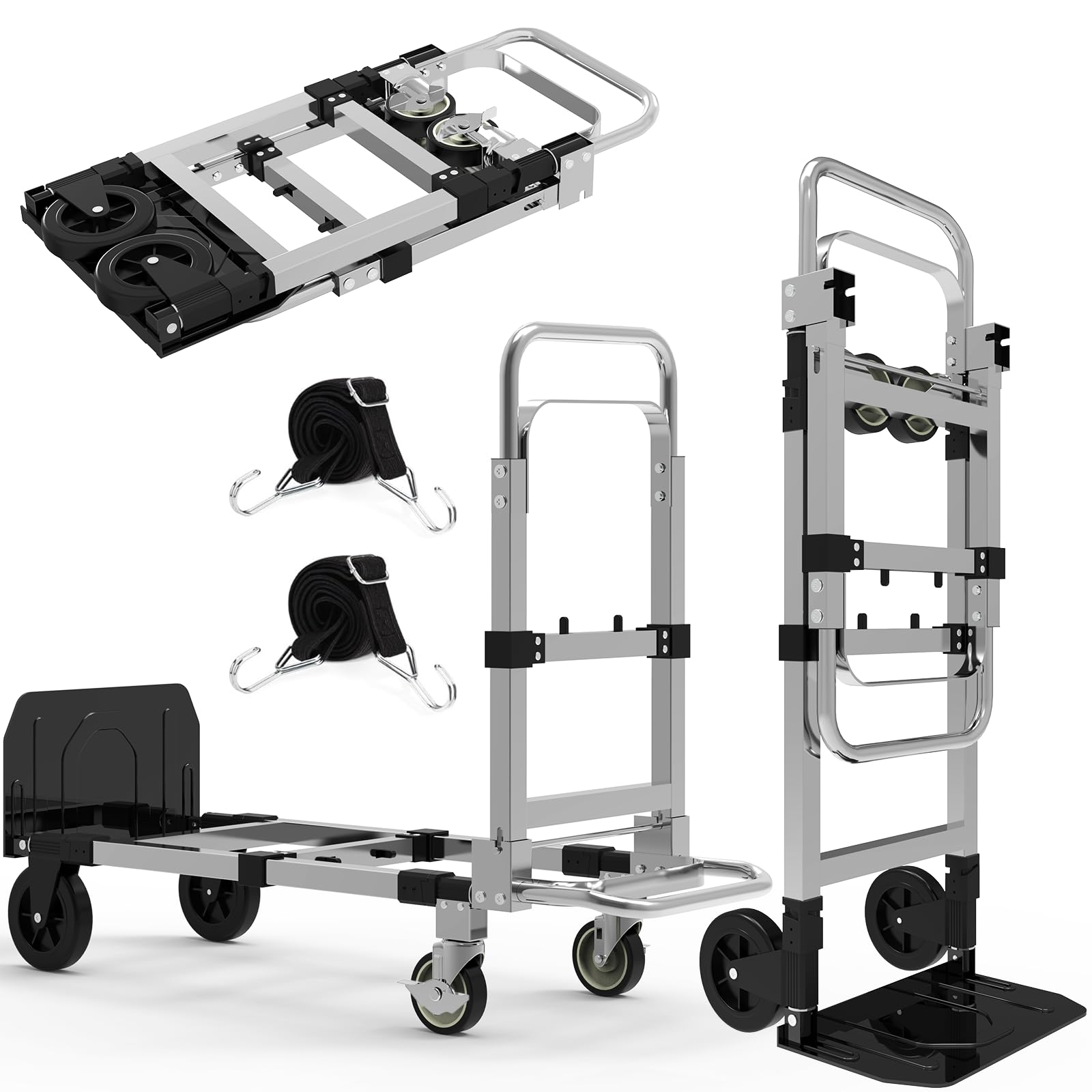 Vrbgify  3 in 1 Heavy Duty Folding Hand Truck Convertible Steel Dolly Utility Cart with Telescopic Handle Foldable Design Rubber Wheels 500 lbs