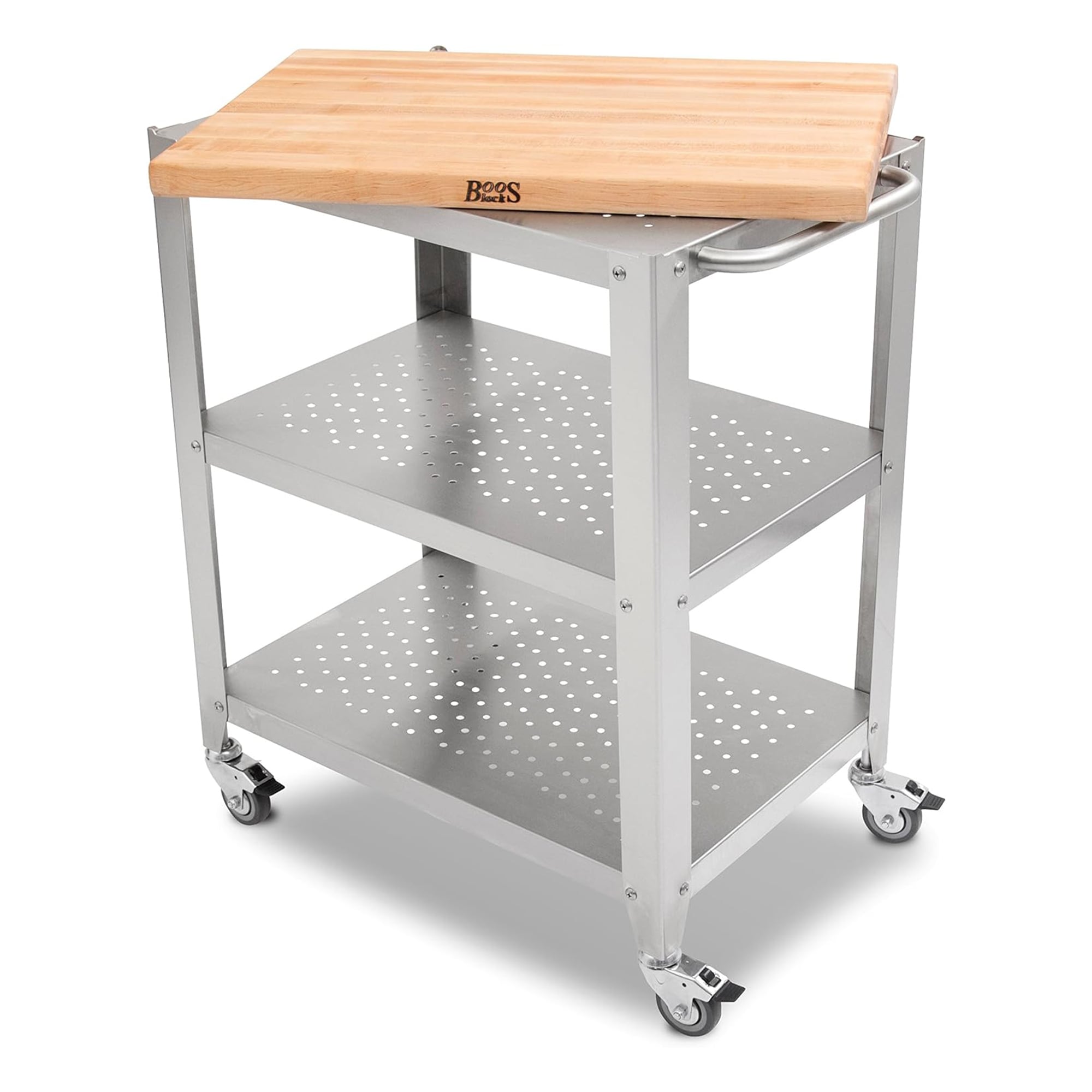 Maple Wood Butcher Block Kitchen Cart with Stainless Steel Frame